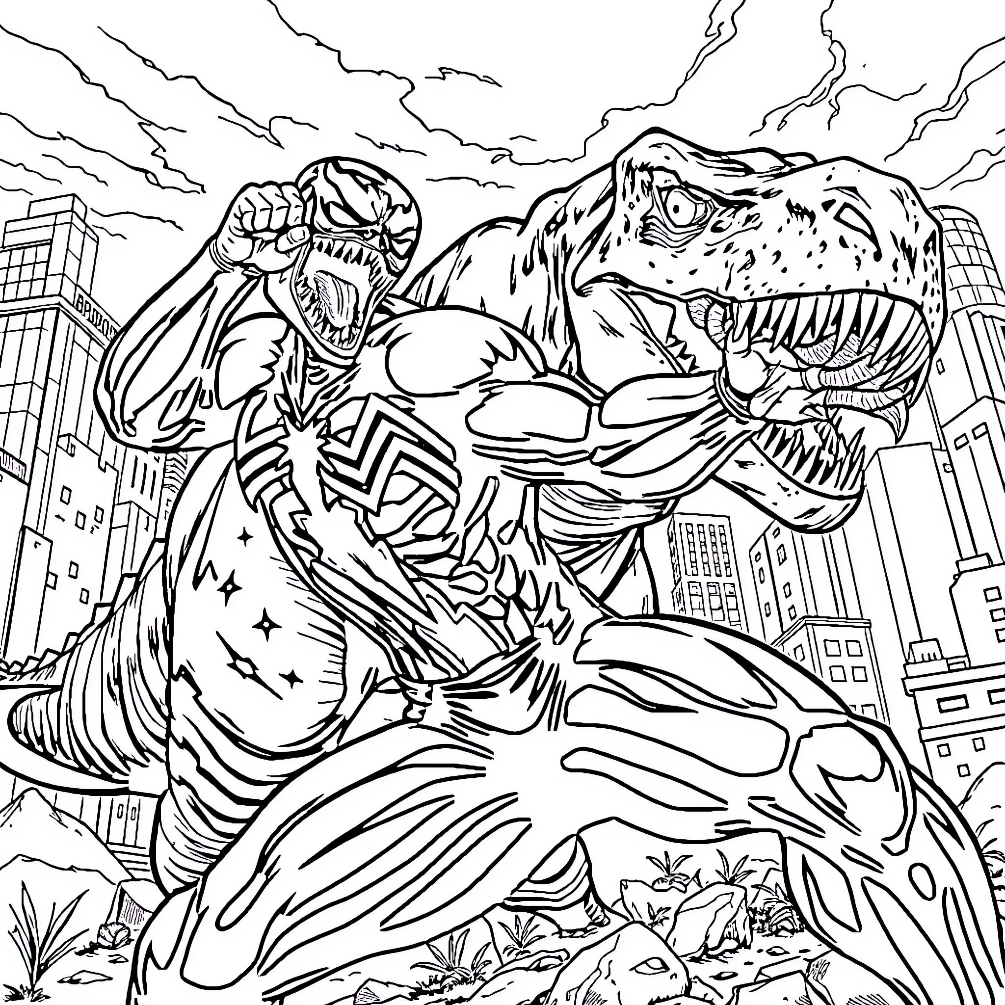 Venom Unleashed in the City Coloring Page (free black-and-white line drawing printable PDF for all, from beginners to advanced learners, including children, teens, adults, and seniors)