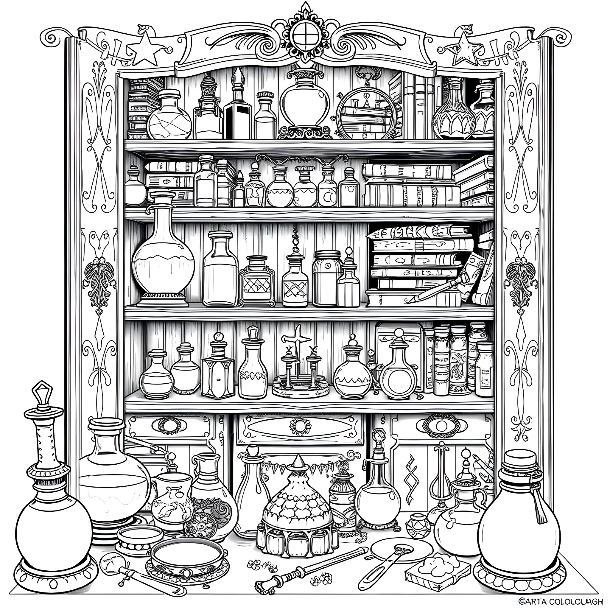 Alchemist's Enchanting Apothecary Shelves Coloring Page (free black-and-white line drawing printable PDF for all, from beginners to advanced learners, including children, teens, adults, and seniors)
