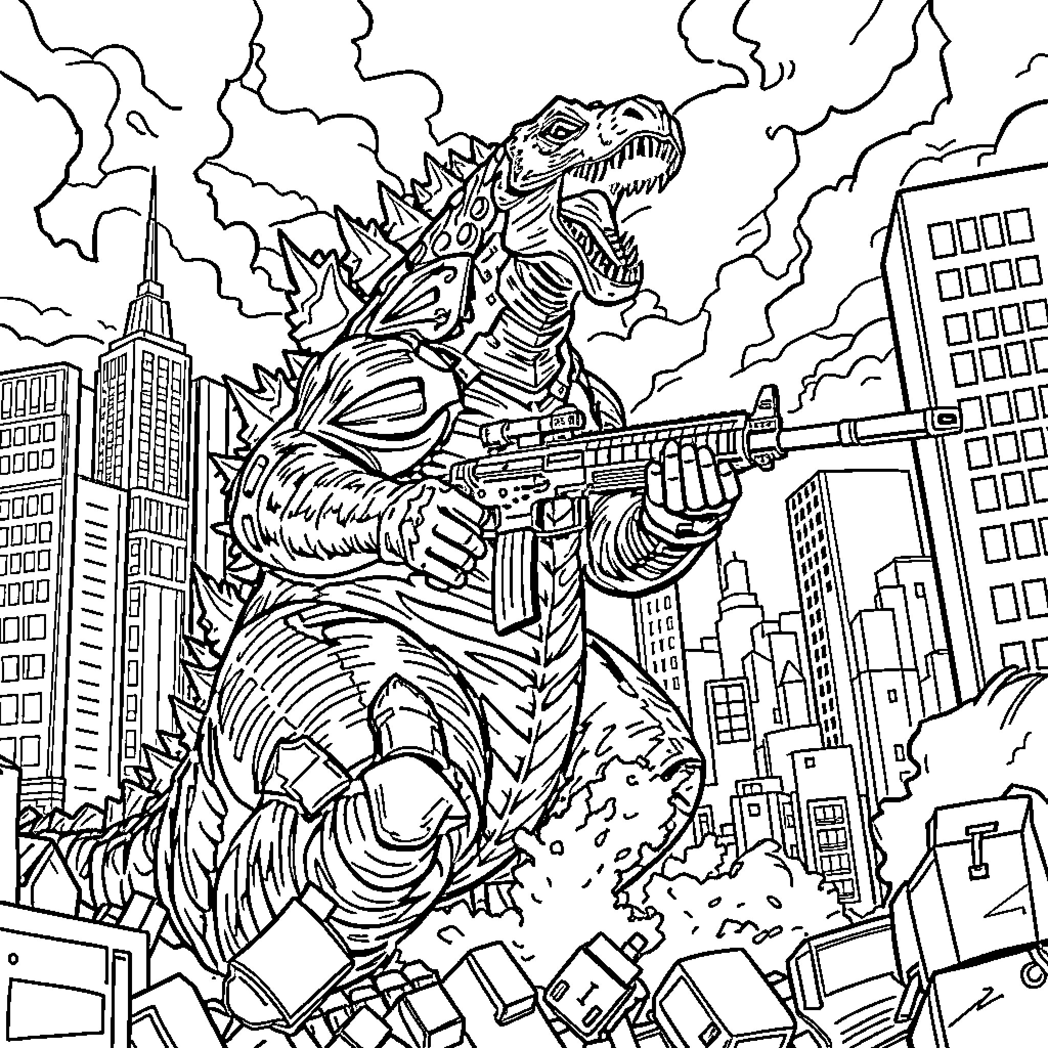 Godzilla Rampages Through the City with Weapons Coloring Page (free black-and-white line drawing printable PDF for all, from beginners to advanced learners, including children, teens, adults, and seniors)