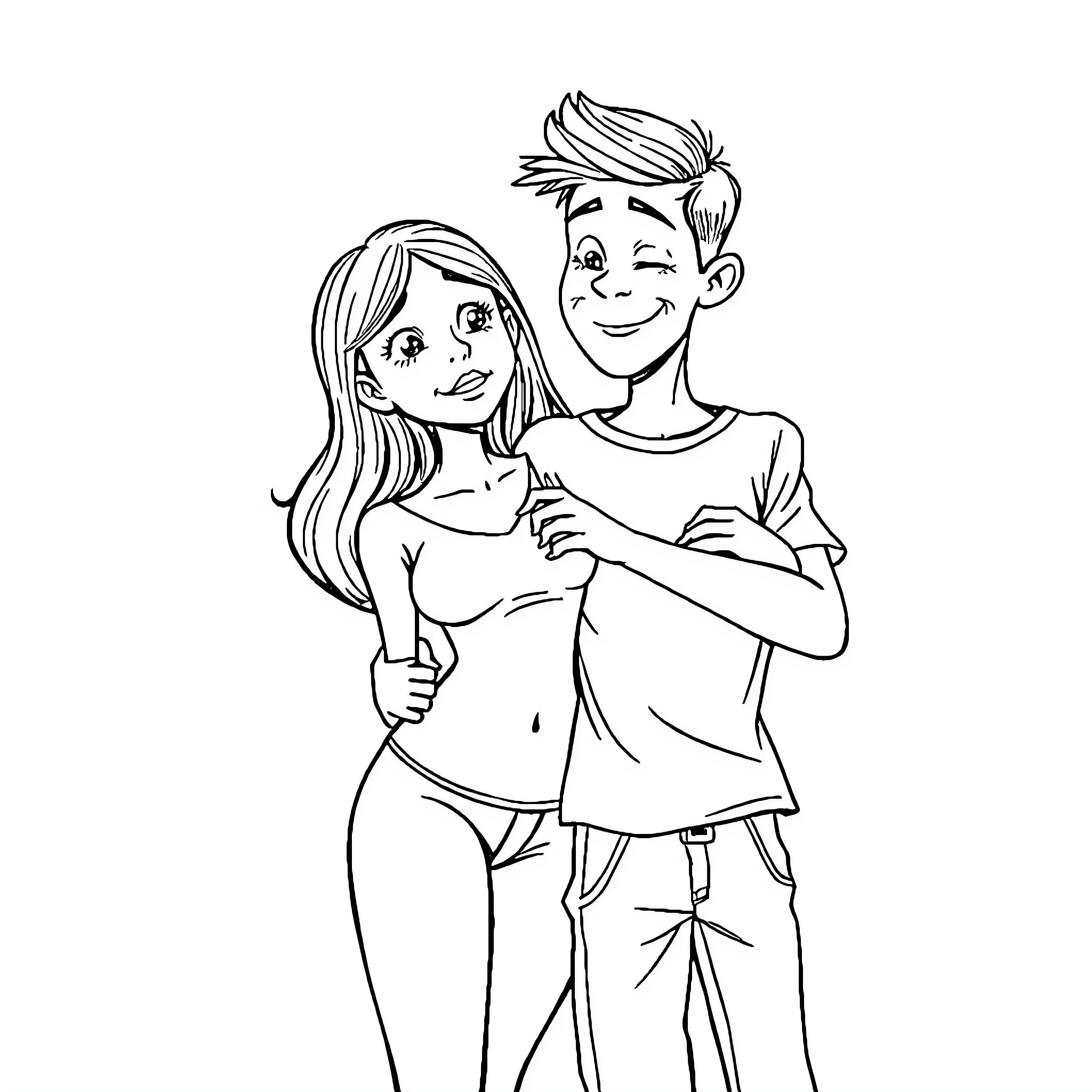 Body Swap Between Youthful Couple Coloring Page (free black-and-white line drawing printable PDF for all, from beginners to advanced learners, including children, teens, adults, and seniors)