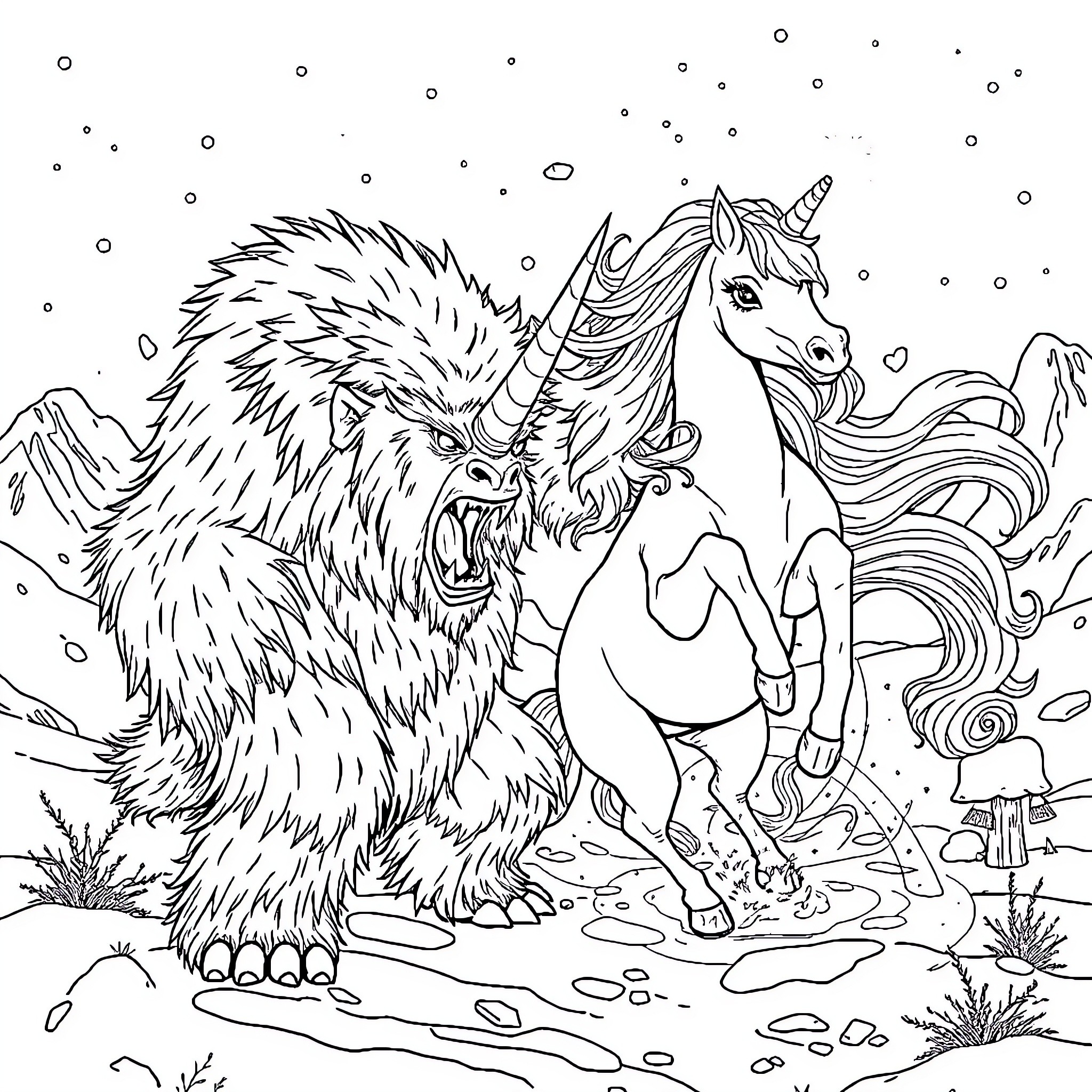 Yeti and Unicorn Encounter in Snowy Wonderland Coloring Page (free black-and-white line drawing printable PDF for all, from beginners to advanced learners, including children, teens, adults, and seniors)