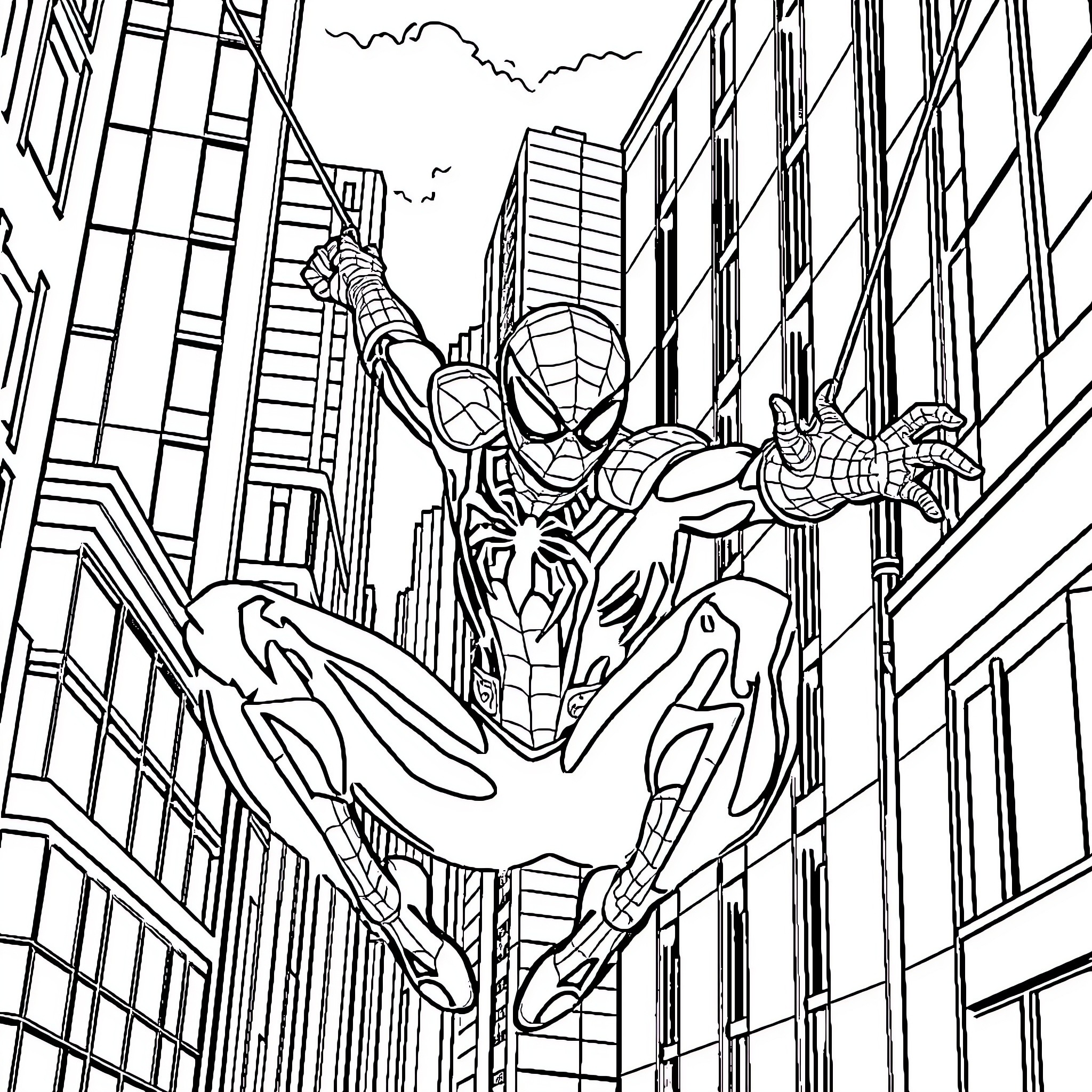 Spiderman swinging through the city skyline Coloring Page (free black-and-white line drawing printable PDF for all, from beginners to advanced learners, including children, teens, adults, and seniors)