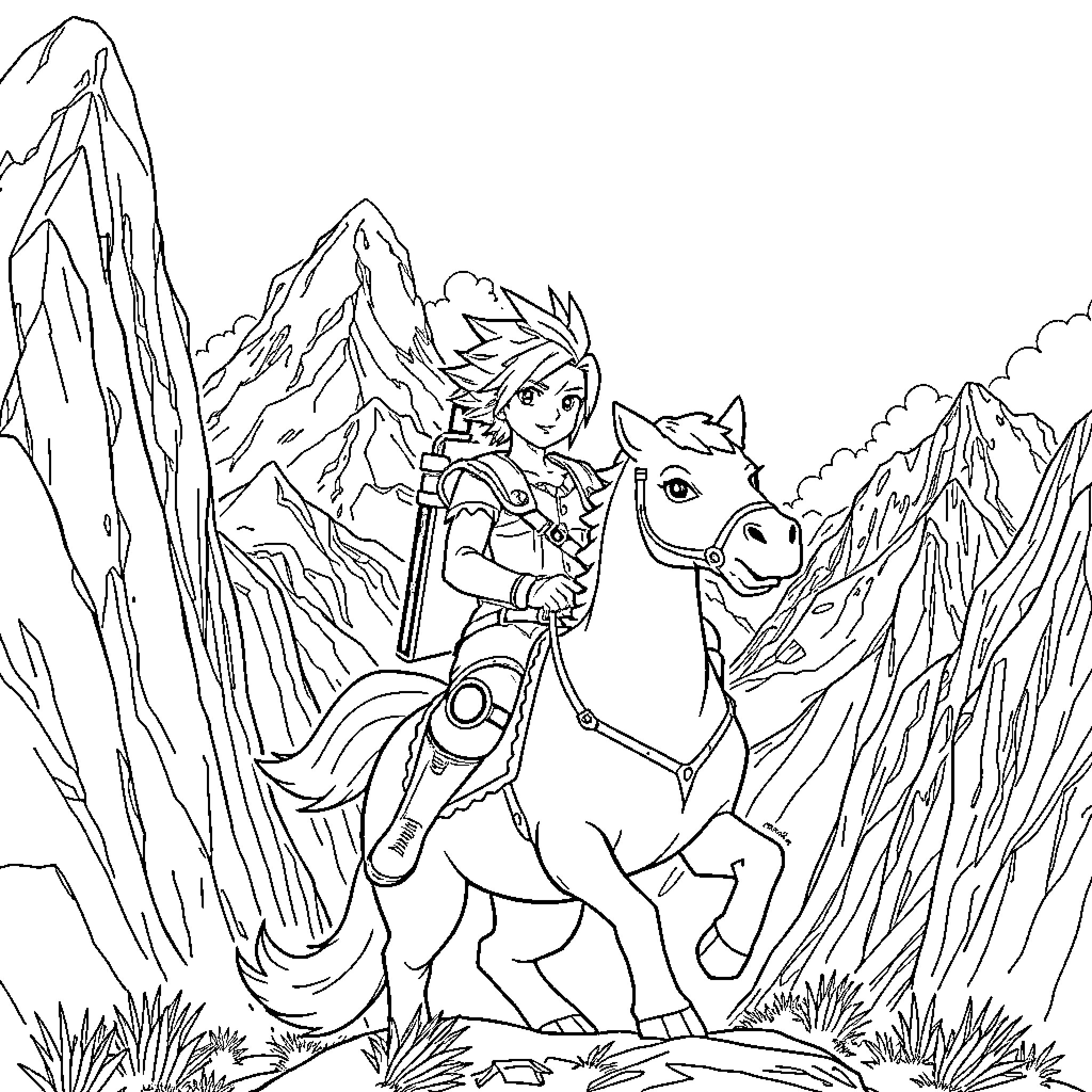 Cloud Strife adventuring through the mountains on horseback Coloring Page (free black-and-white line drawing printable PDF for all, from beginners to advanced learners, including children, teens, adults, and seniors)
