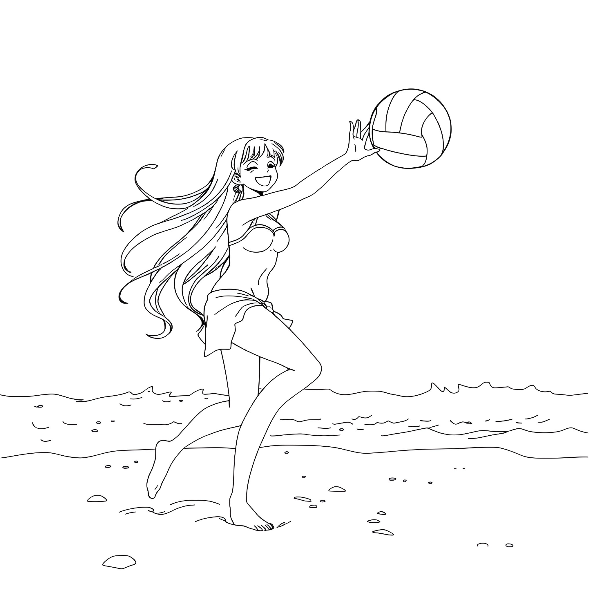 Nami playing volleyball on the beach Coloring Page (free black-and-white line drawing printable PDF for all, from beginners to advanced learners, including children, teens, adults, and seniors)