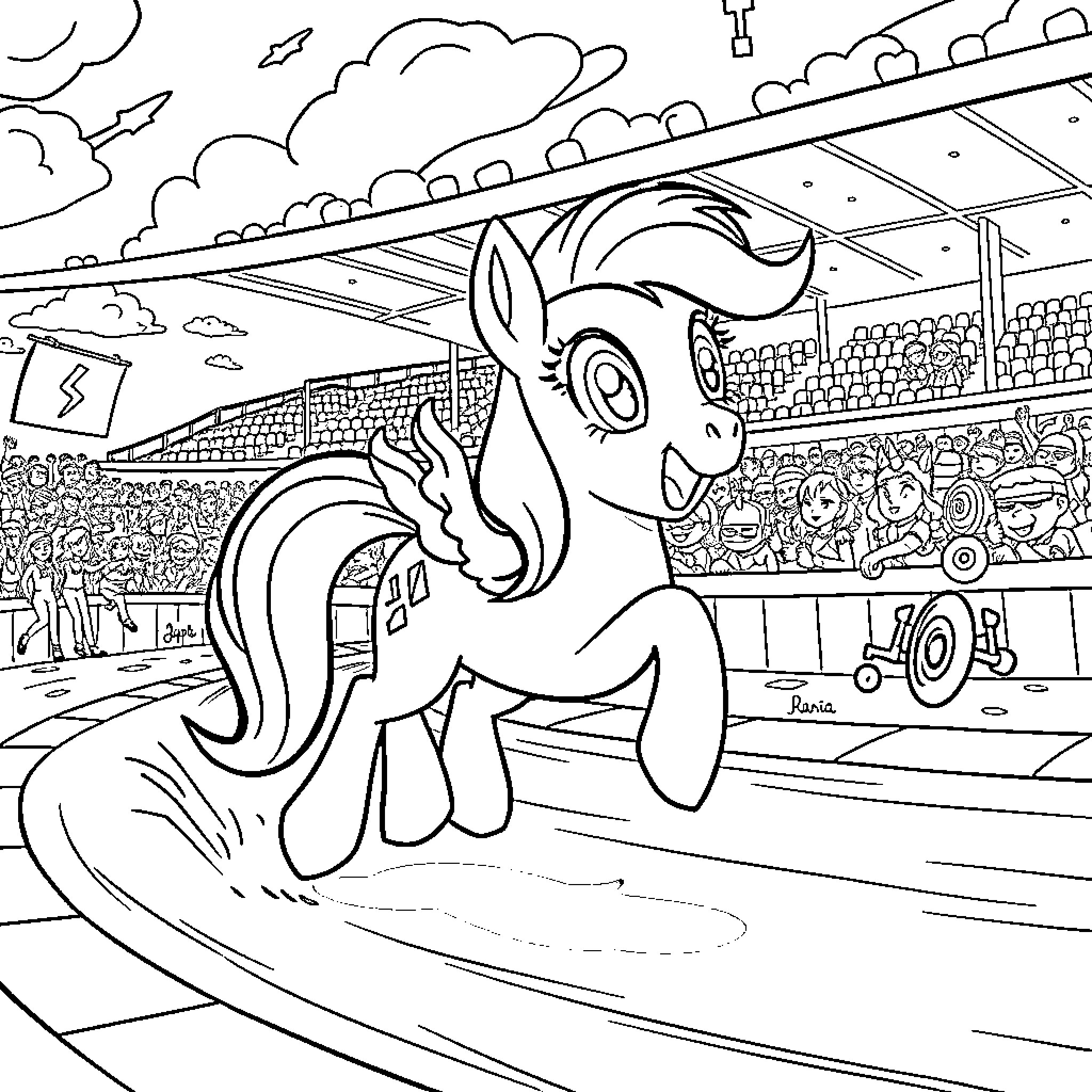 Applejack enjoying the excitement at the county fair Coloring Page (free black-and-white line drawing printable PDF for all, from beginners to advanced learners, including children, teens, adults, and seniors)