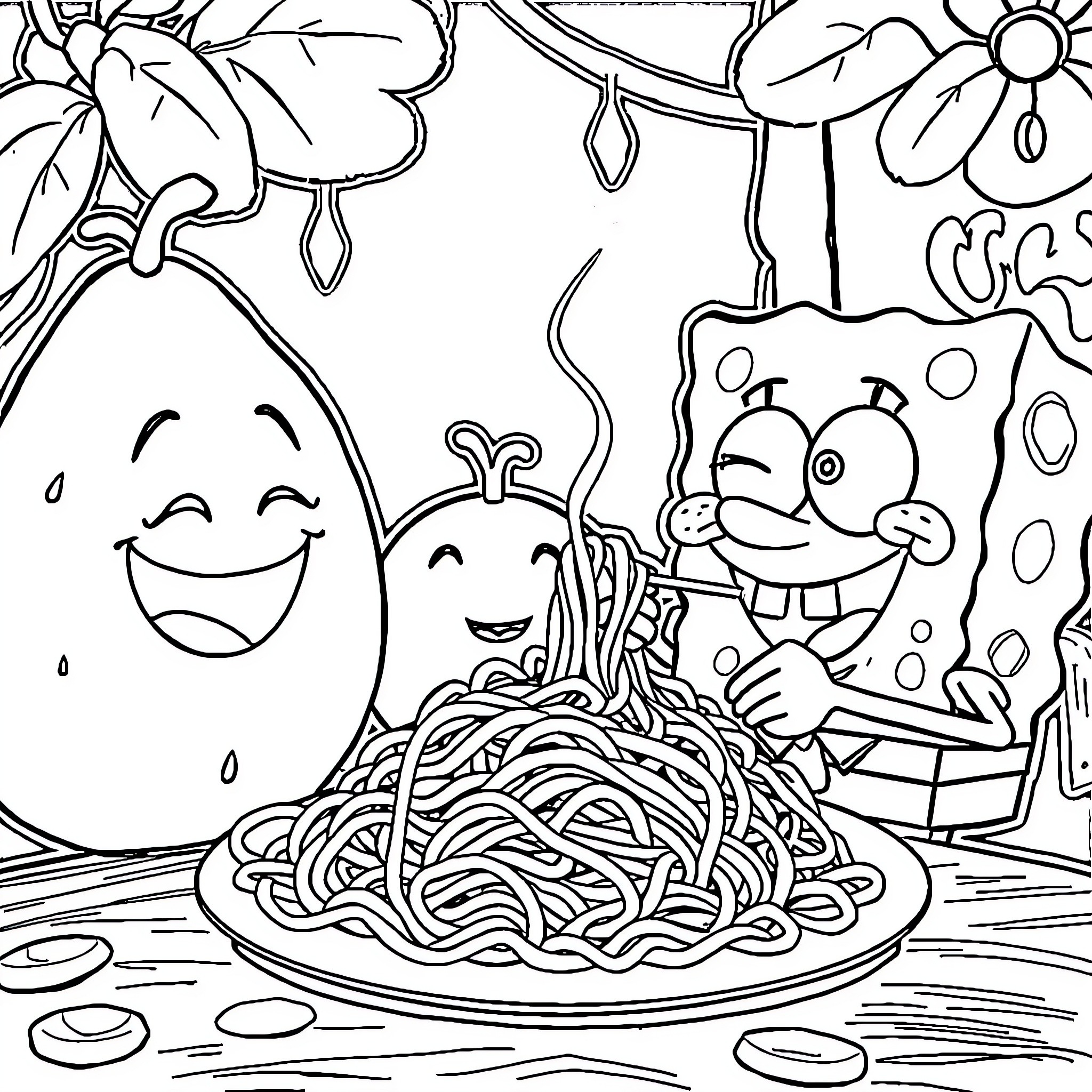 Spongebob and Friends Enjoying a Spaghetti Dinner Coloring Page (free black-and-white line drawing printable PDF for all, from beginners to advanced learners, including children, teens, adults, and seniors)