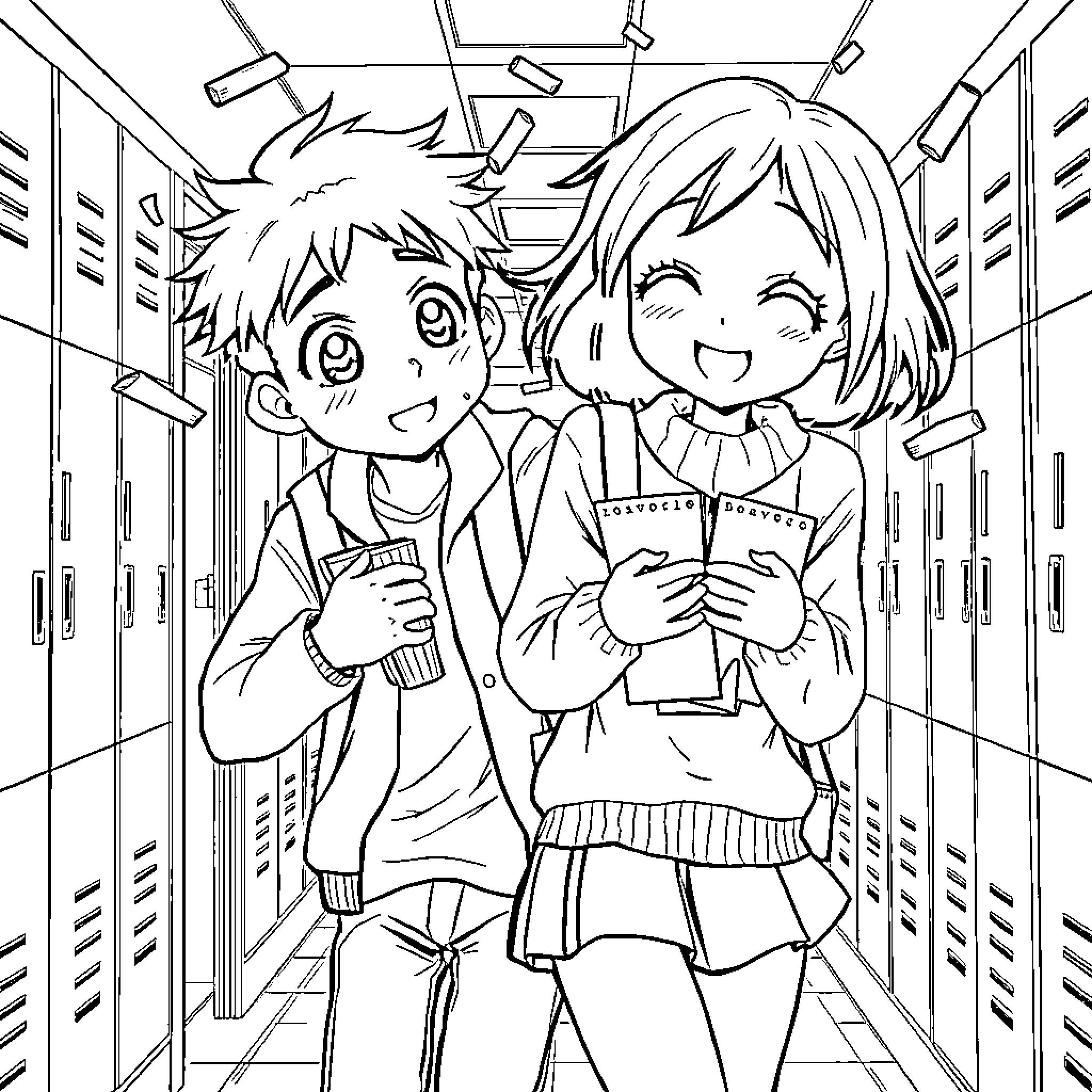Anime Students Happily Chatting in School Hallway Coloring Page (free black-and-white line drawing printable PDF for all, from beginners to advanced learners, including children, teens, adults, and seniors)