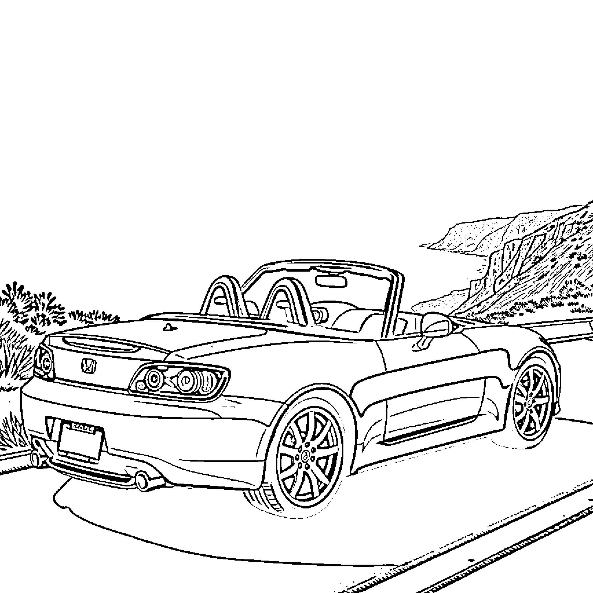 Honda S2000 roadster speeding through the countryside Coloring Page (free black-and-white line drawing printable PDF for all, from beginners to advanced learners, including children, teens, adults, and seniors)