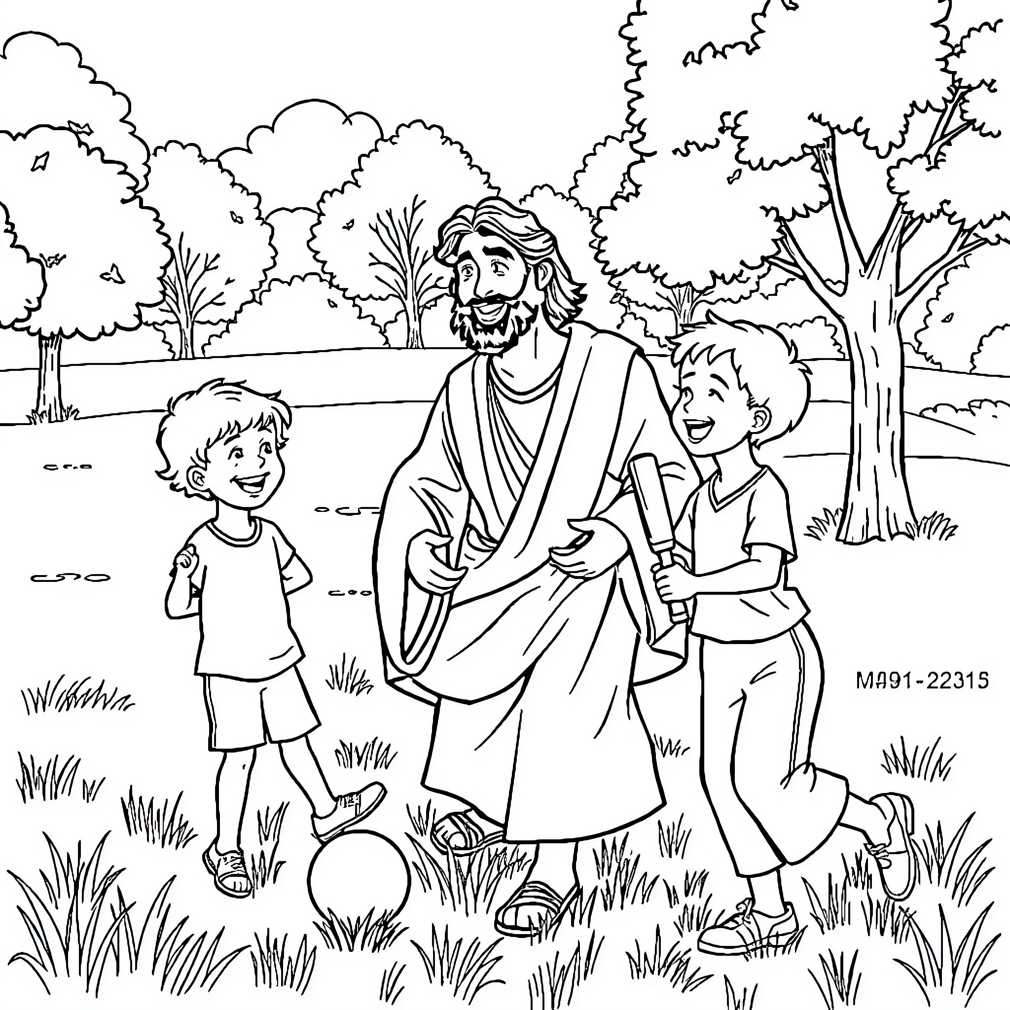 Jesus Teaching Children in the Countryside Coloring Page (free black-and-white line drawing printable PDF for all, from beginners to advanced learners, including children, teens, adults, and seniors)
