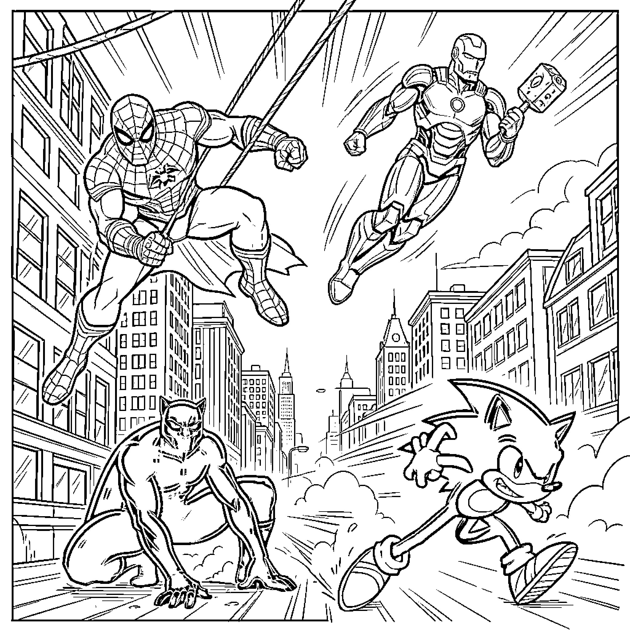 Superhero characters posing and moving through a city Coloring Page (free black-and-white line drawing printable PDF for all, from beginners to advanced learners, including children, teens, adults, and seniors)