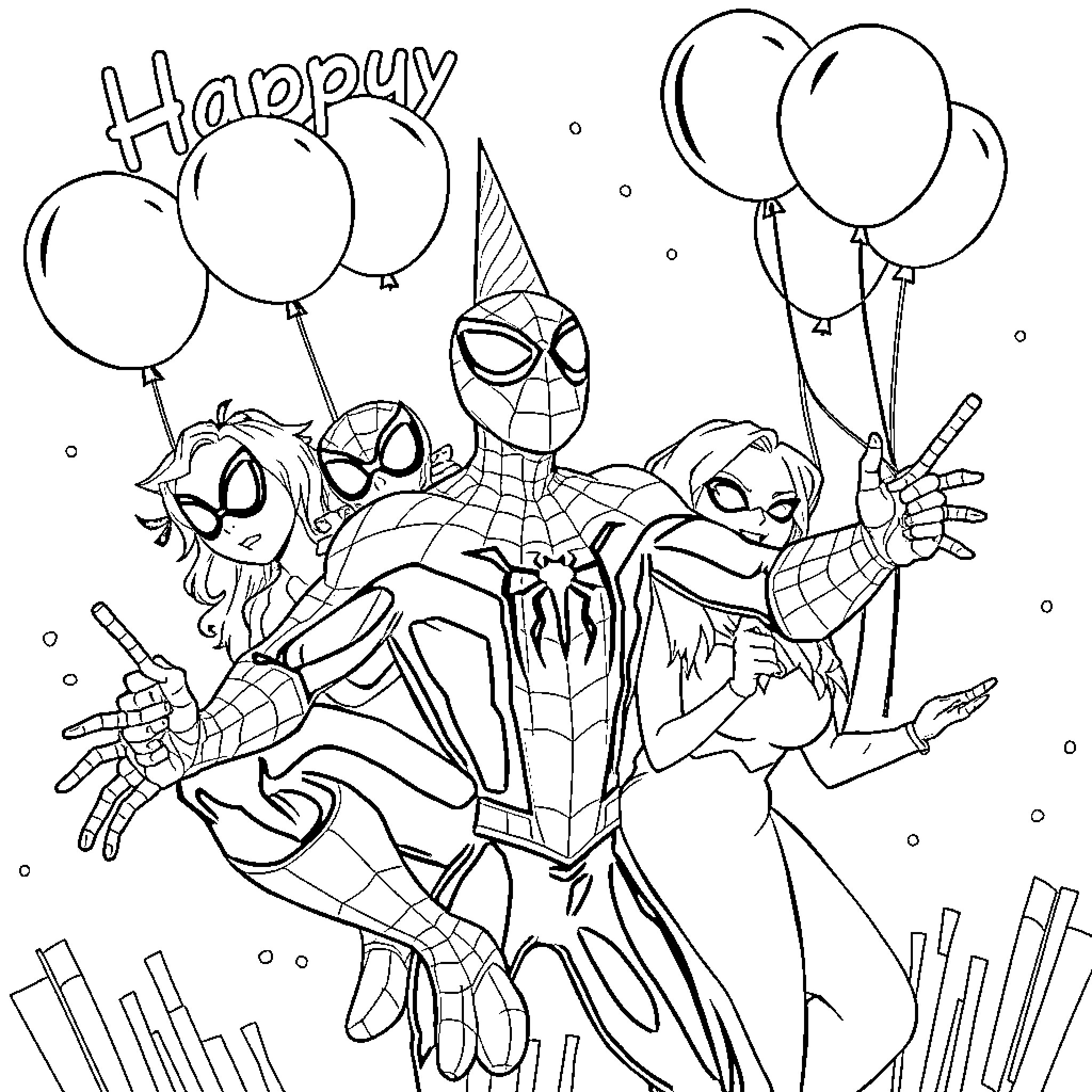 Spidey and friends celebrating happily Coloring Page (free black-and-white line drawing printable PDF for all, from beginners to advanced learners, including children, teens, adults, and seniors)