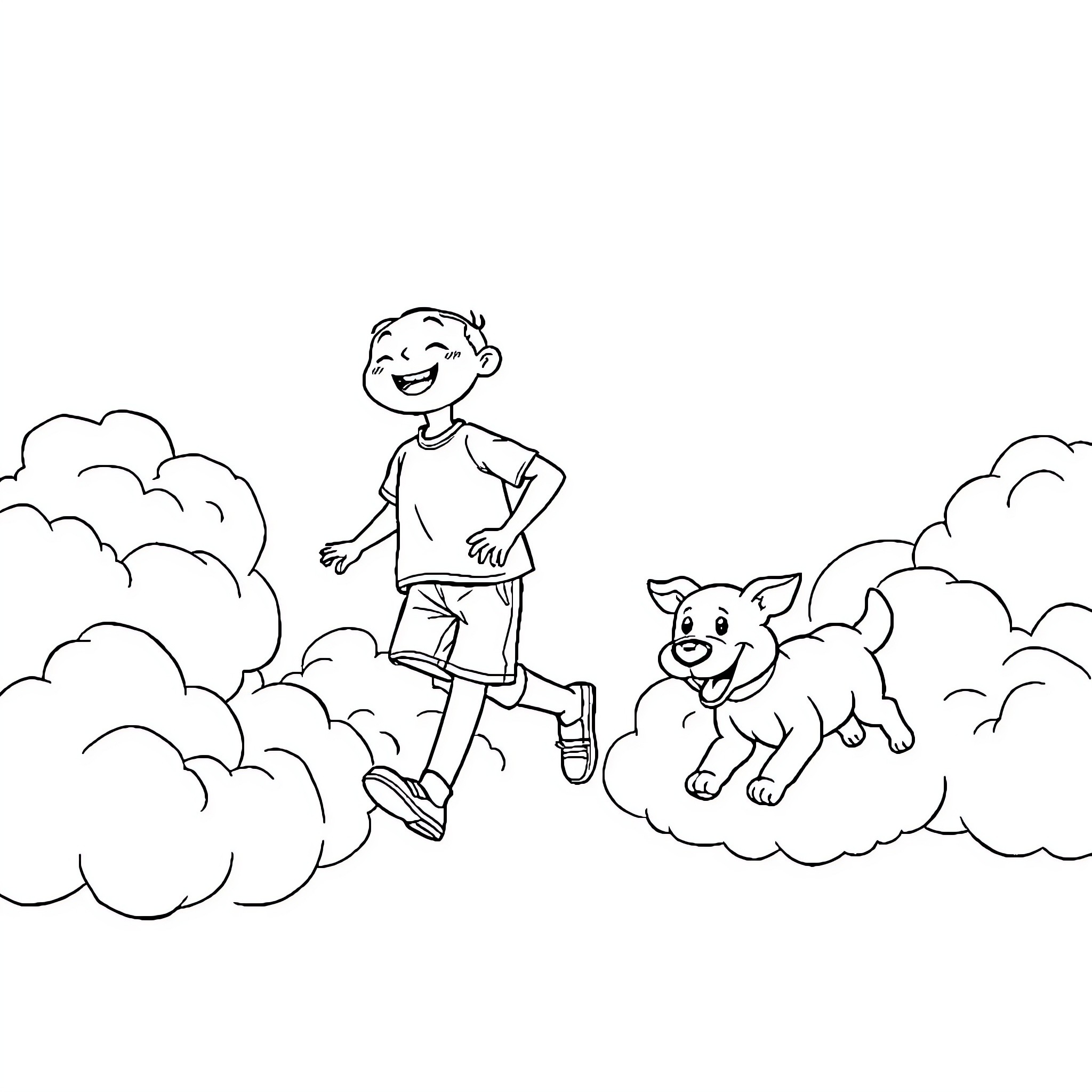 Boy and his pet dog playing in the clouds Coloring Page (free black-and-white line drawing printable PDF for all, from beginners to advanced learners, including children, teens, adults, and seniors)