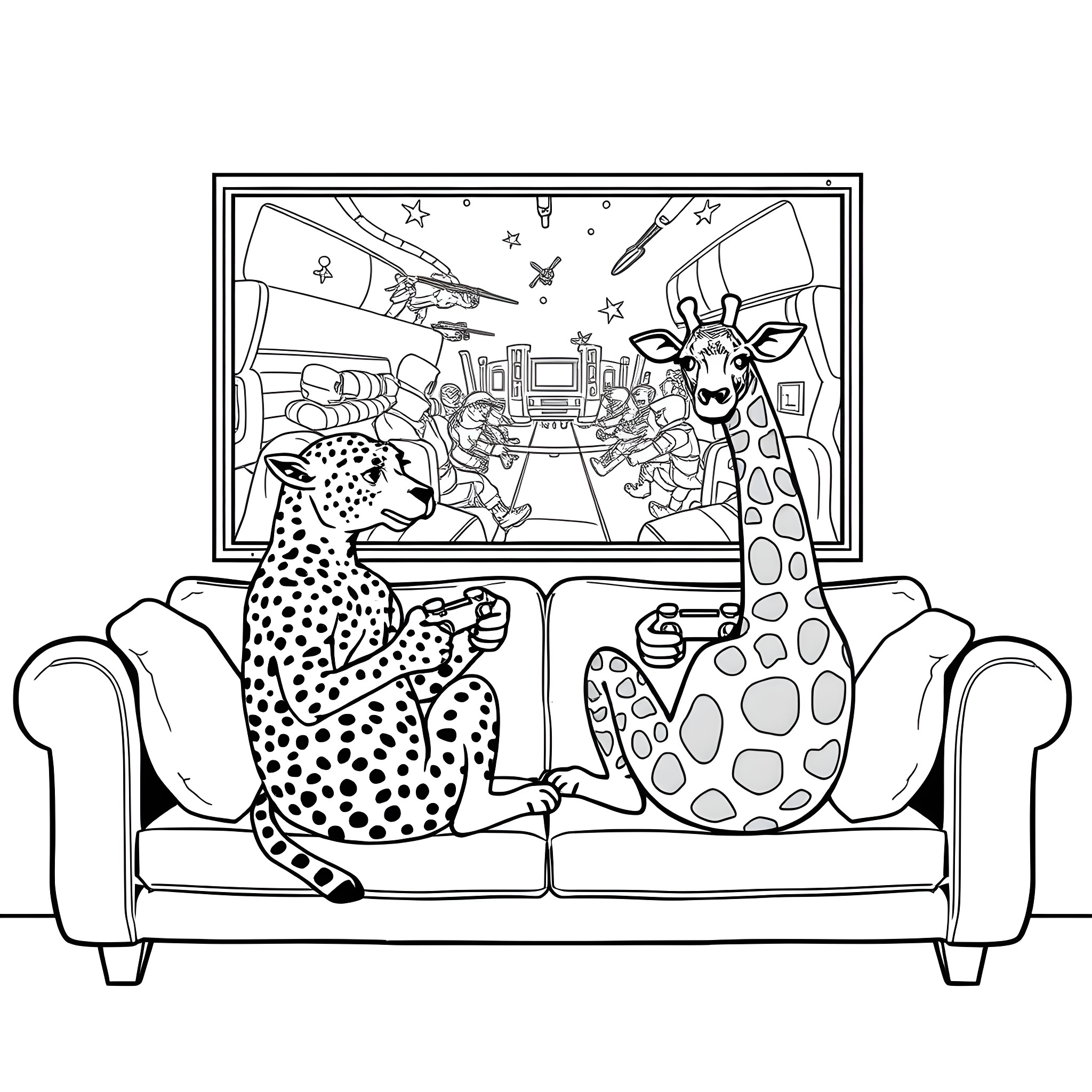 Cheetah and giraffe watching TV together Coloring Page (free black-and-white line drawing printable PDF for all, from beginners to advanced learners, including children, teens, adults, and seniors)