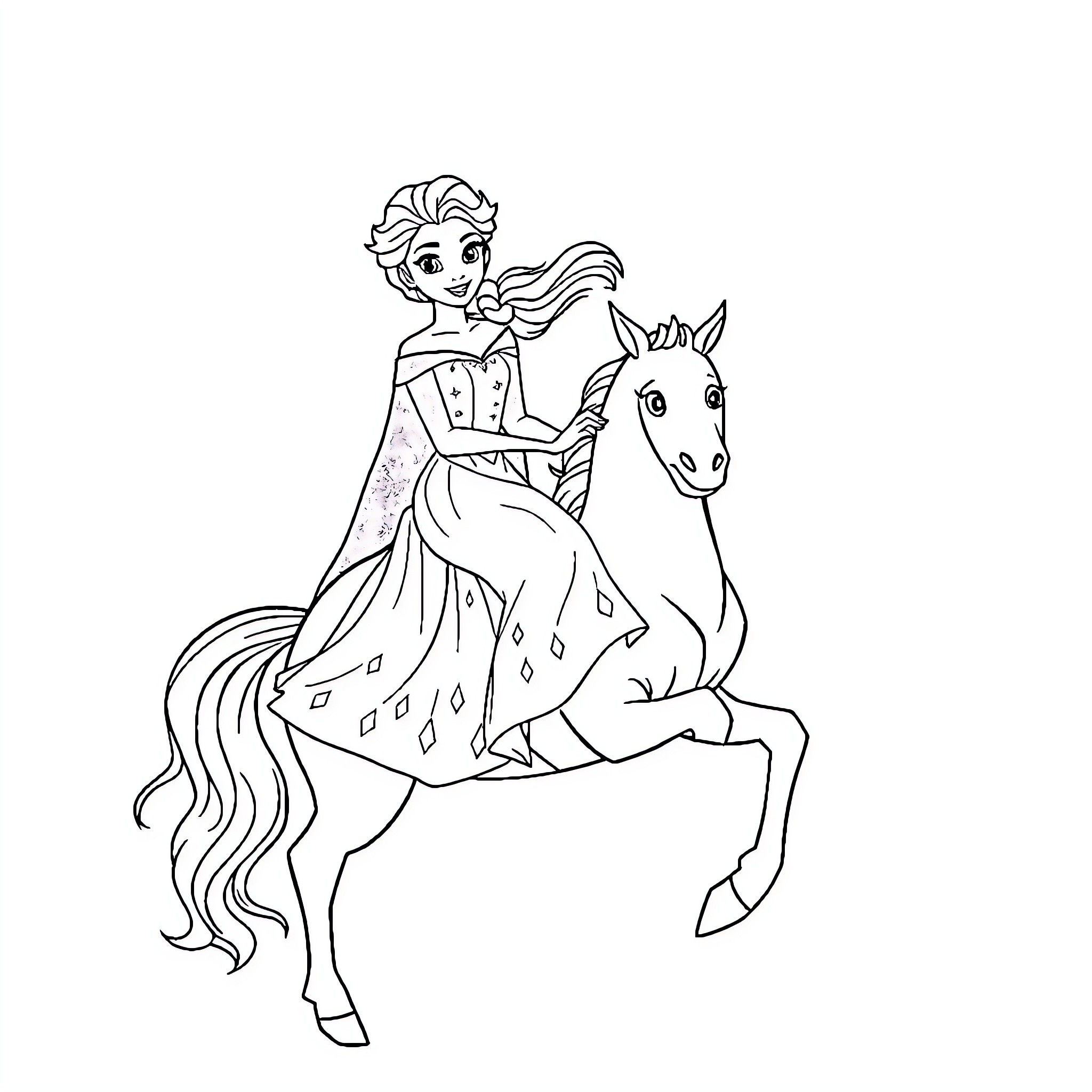 Princess riding a majestic horse Coloring Page (free black-and-white line drawing printable PDF for all, from beginners to advanced learners, including children, teens, adults, and seniors)