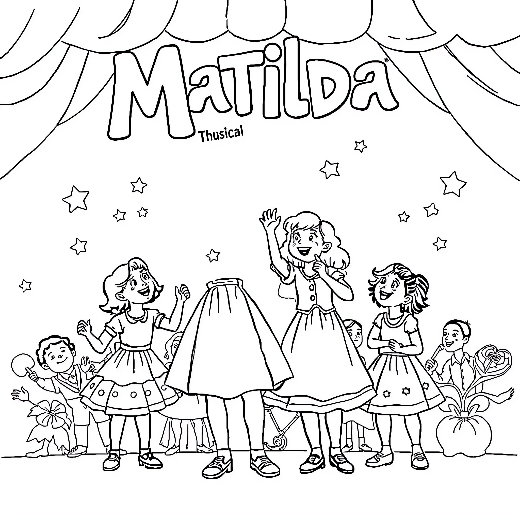 Matilda and her friends in the musical performance Coloring Page (free black-and-white line drawing printable PDF for all, from beginners to advanced learners, including children, teens, adults, and seniors)