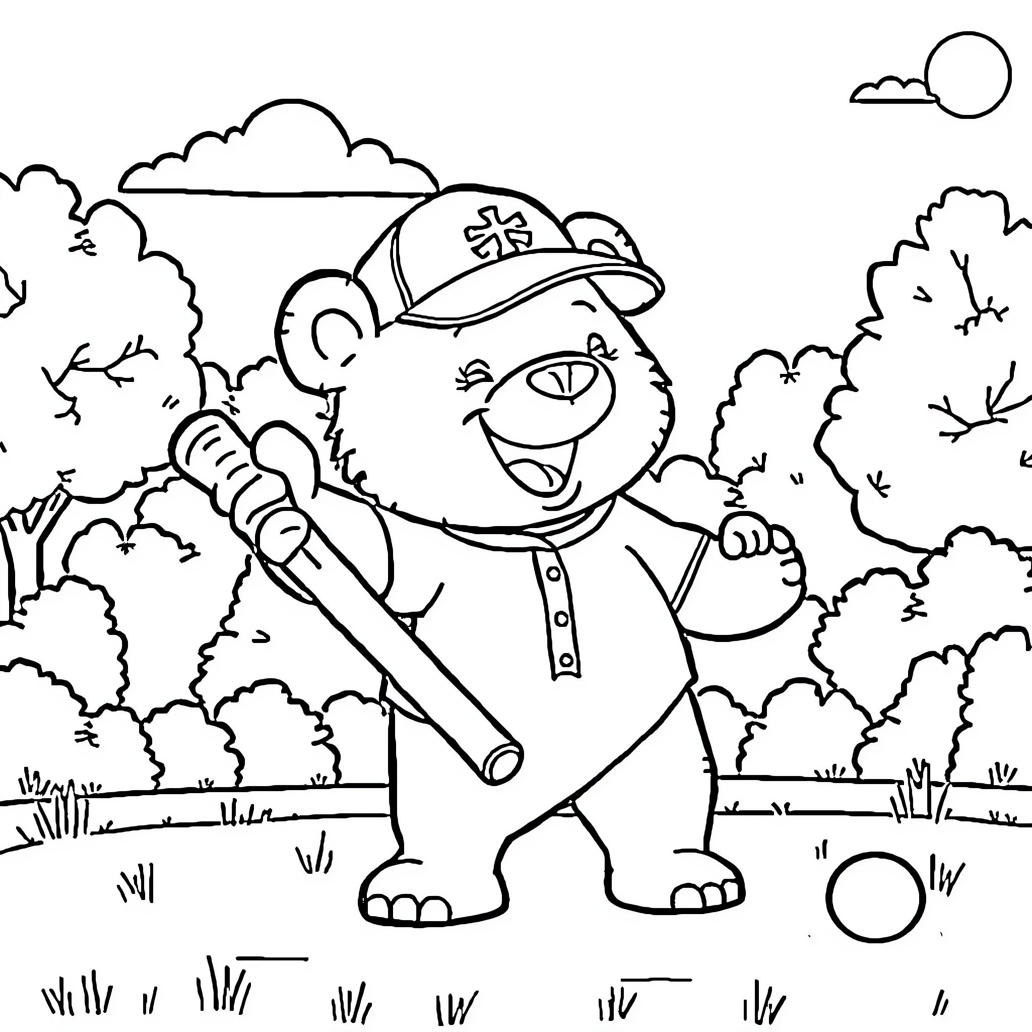 Bear playing happily with baseball in the park Coloring Page (free black-and-white line drawing printable PDF for all, from beginners to advanced learners, including children, teens, adults, and seniors)