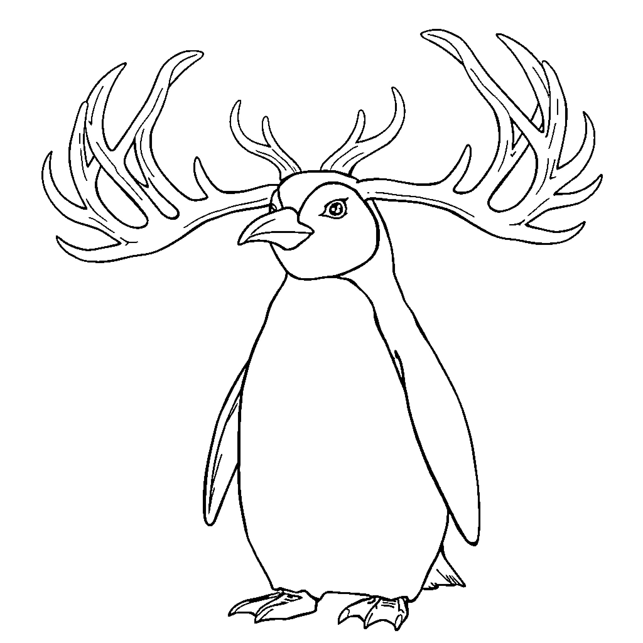 Penguin with Antler-Like Feathers Striking a Pose Coloring Page (free black-and-white line drawing printable PDF for all, from beginners to advanced learners, including children, teens, adults, and seniors)