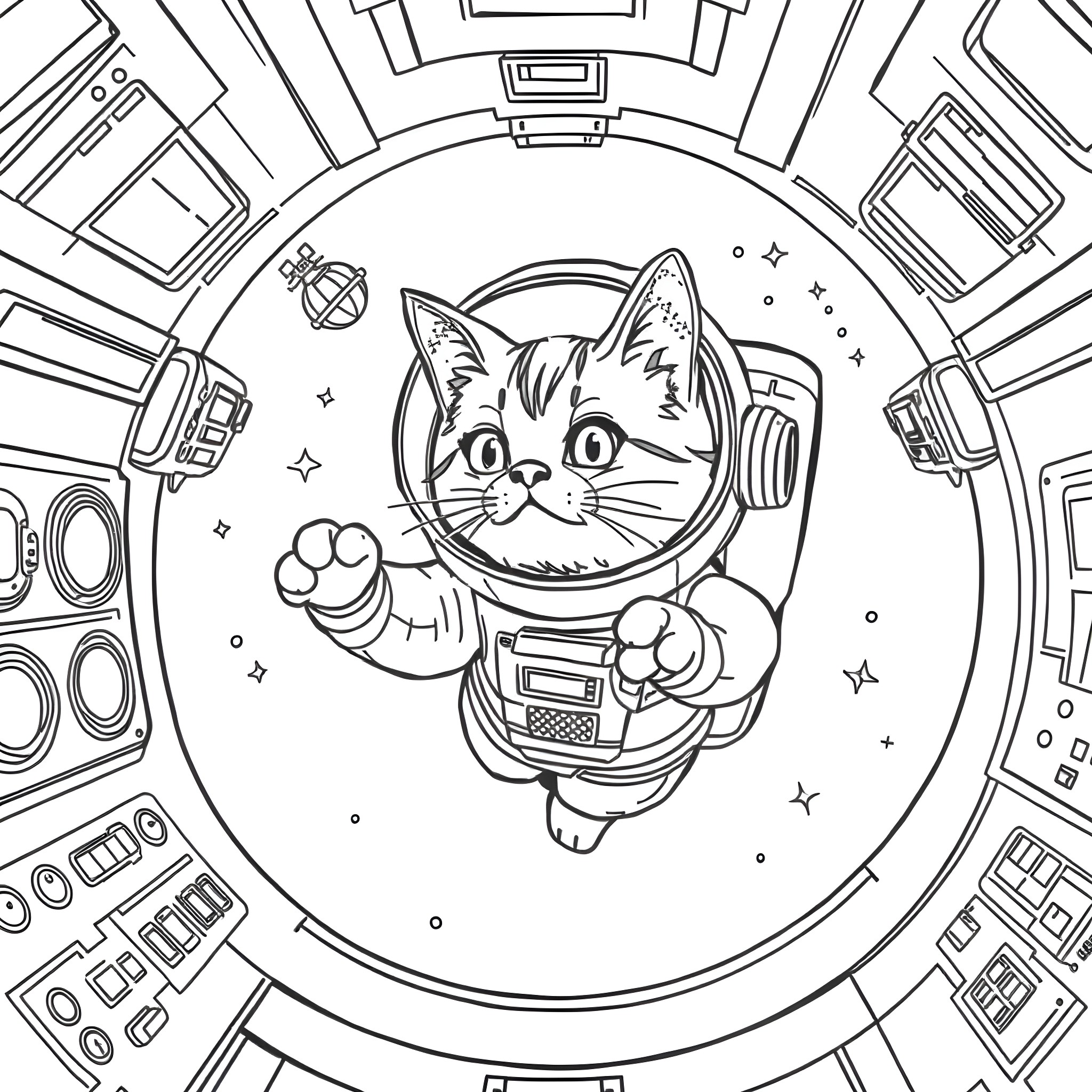 Astronaut Cat Exploring the Spacecraft Coloring Page (free black-and-white line drawing printable PDF for all, from beginners to advanced learners, including children, teens, adults, and seniors)