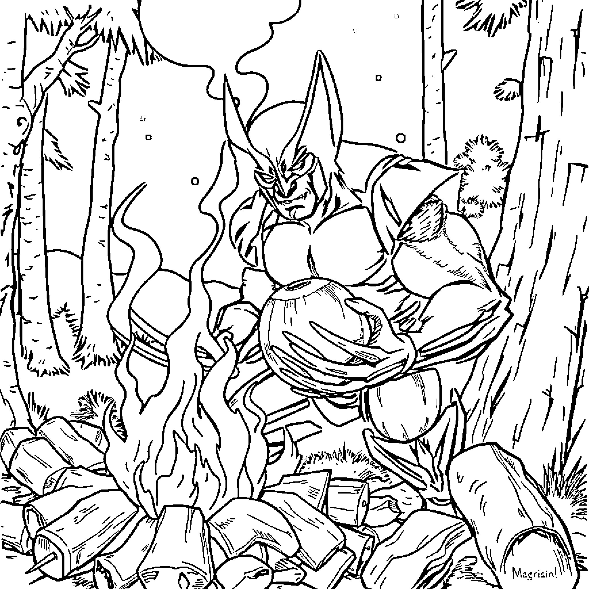 Wolverine's Fierce Battle in the Wilderness Coloring Page (free black-and-white line drawing printable PDF for all, from beginners to advanced learners, including children, teens, adults, and seniors)
