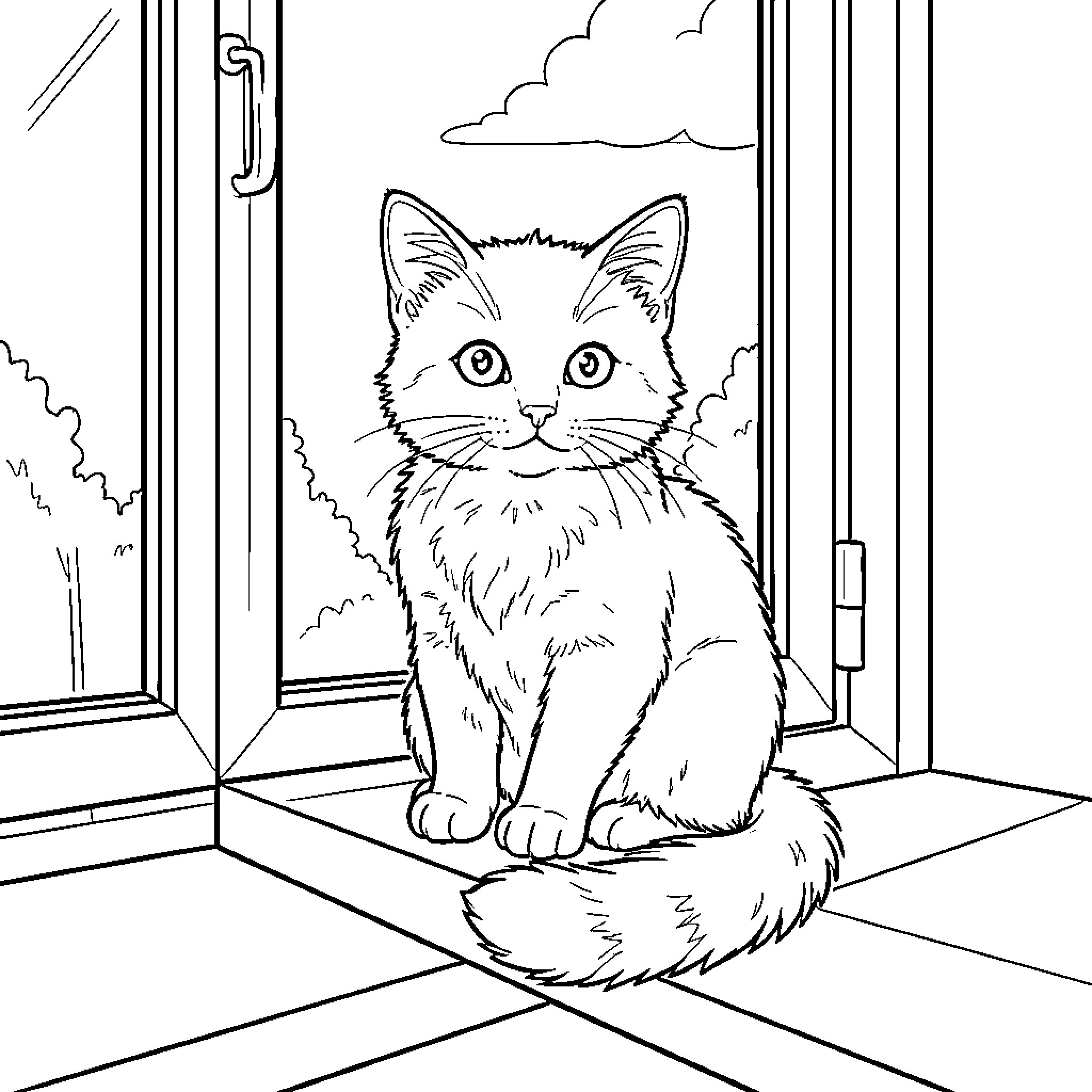 Chibi kitten sitting calmly by an open window Coloring Page (free black-and-white line drawing printable PDF for all, from beginners to advanced learners, including children, teens, adults, and seniors)