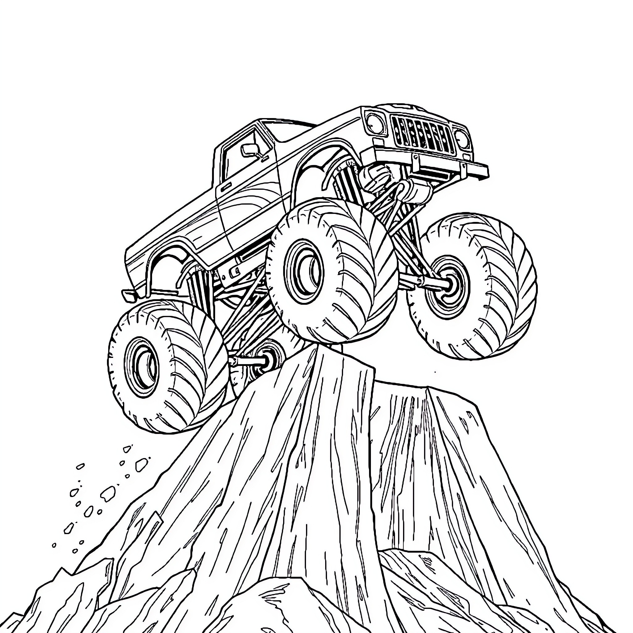 Monster Truck Soaring Over Rugged Terrain Coloring Page (free black-and-white line drawing printable PDF for all, from beginners to advanced learners, including children, teens, adults, and seniors)