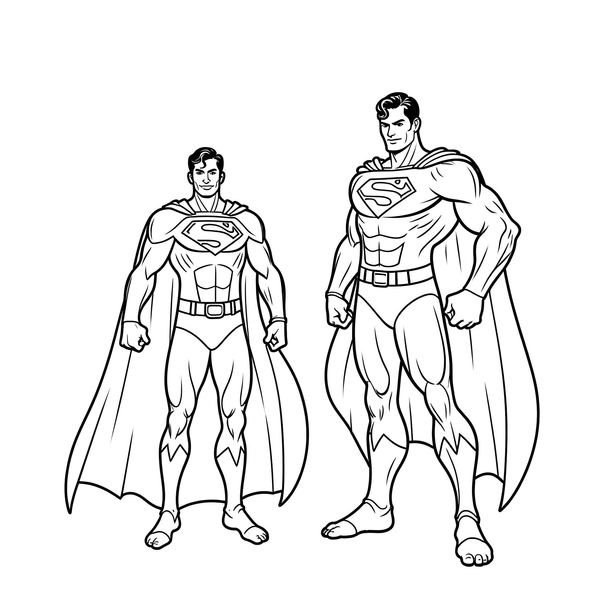 Superman and his alter ego in action poses Coloring Page (free black-and-white line drawing printable PDF for all, from beginners to advanced learners, including children, teens, adults, and seniors)