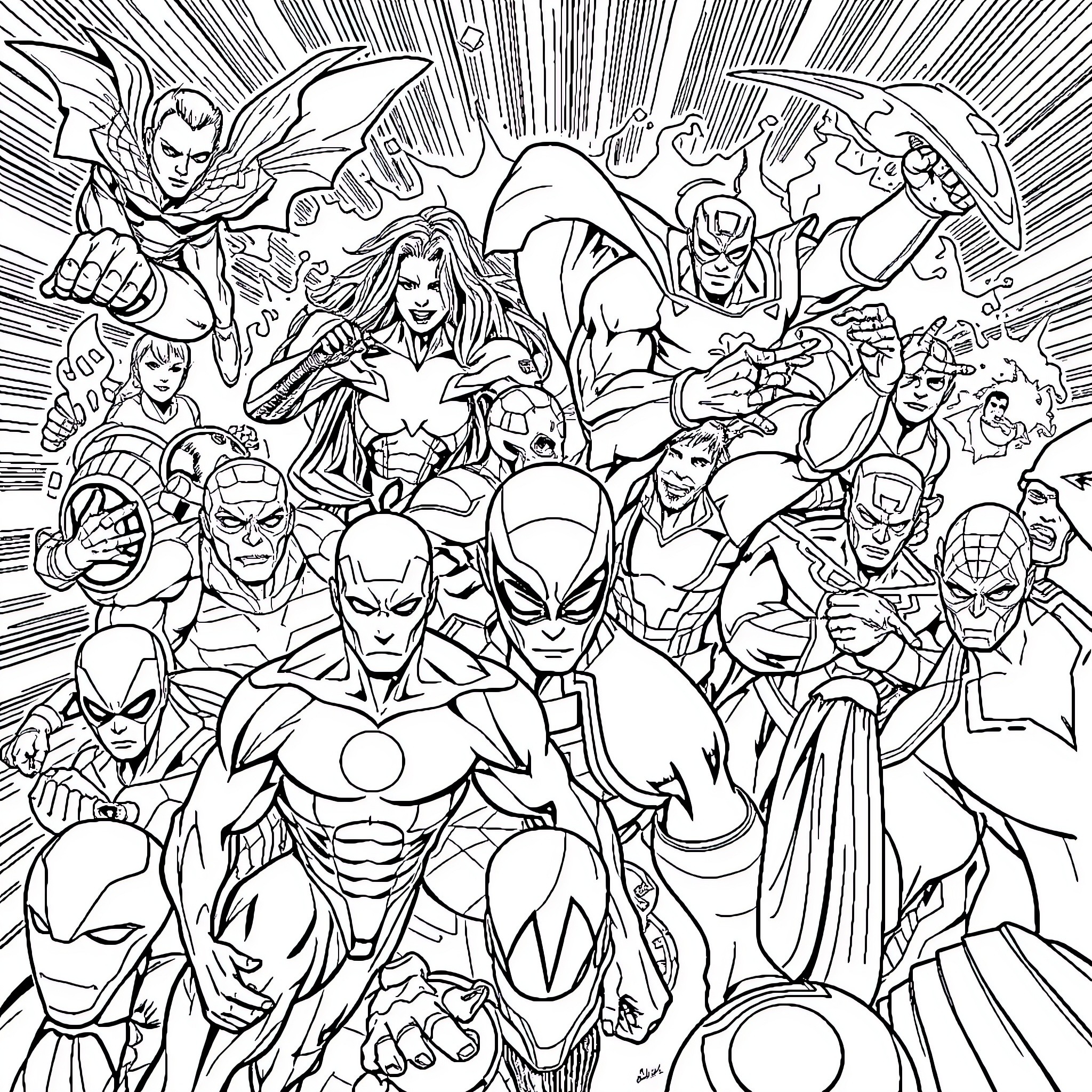 Superhero Group in Action-Packed Scene Coloring Page (free black-and-white line drawing printable PDF for all, from beginners to advanced learners, including children, teens, adults, and seniors)