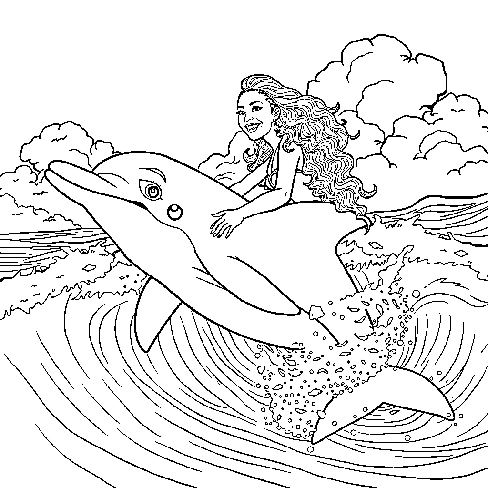 Zendaya rides a giant whale in a stormy sea Coloring Page (free black-and-white line drawing printable PDF for all, from beginners to advanced learners, including children, teens, adults, and seniors)