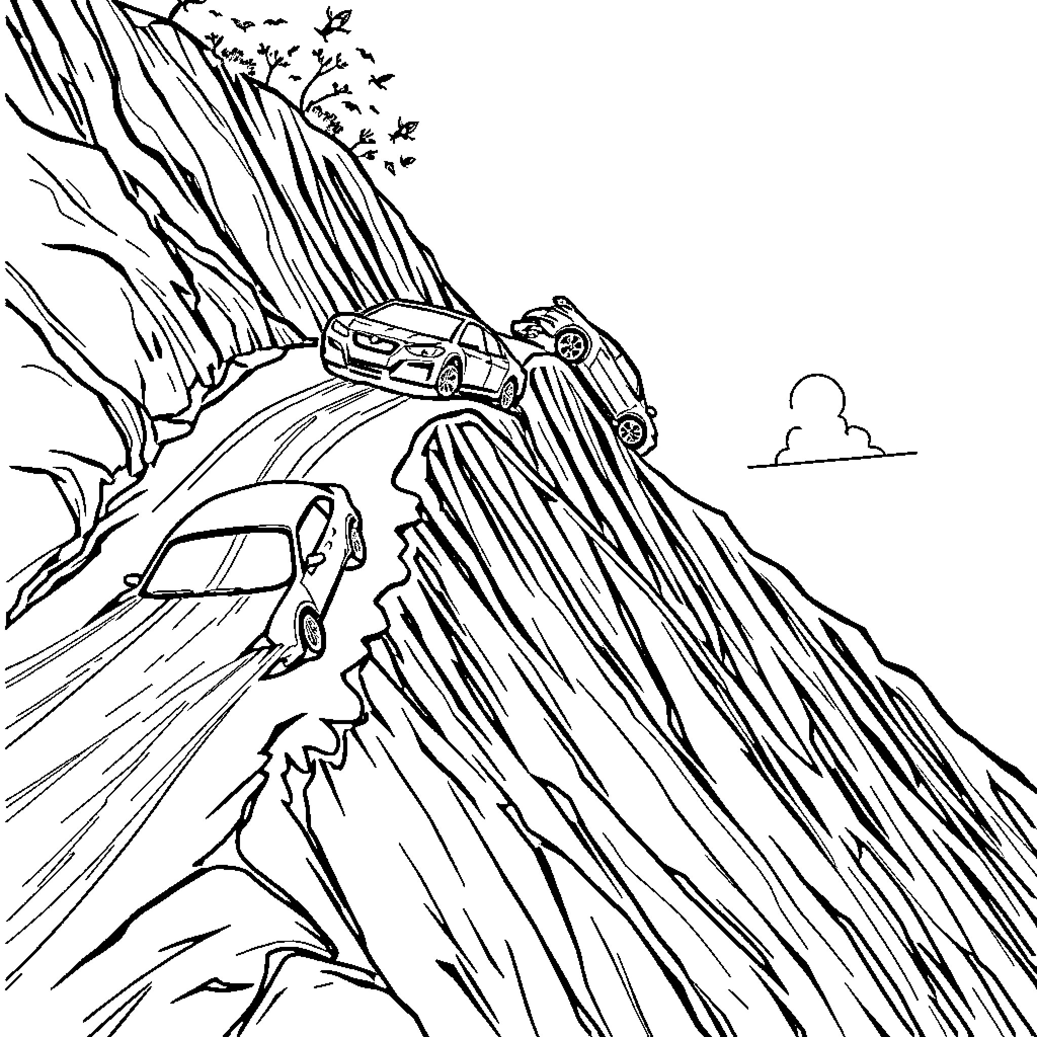 Car racing down dangerous mountain road Coloring Page (free black-and-white line drawing printable PDF for all, from beginners to advanced learners, including children, teens, adults, and seniors)