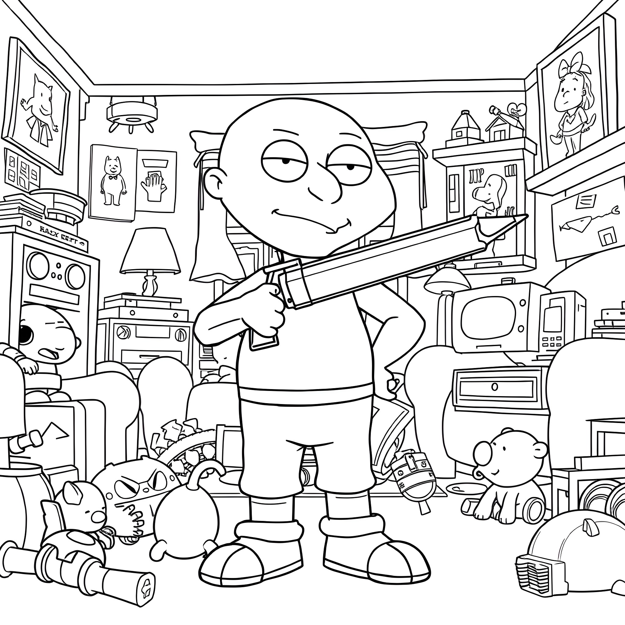 Stewie Griffin playing with toys in his messy room Coloring Page (free black-and-white line drawing printable PDF for all, from beginners to advanced learners, including children, teens, adults, and seniors)
