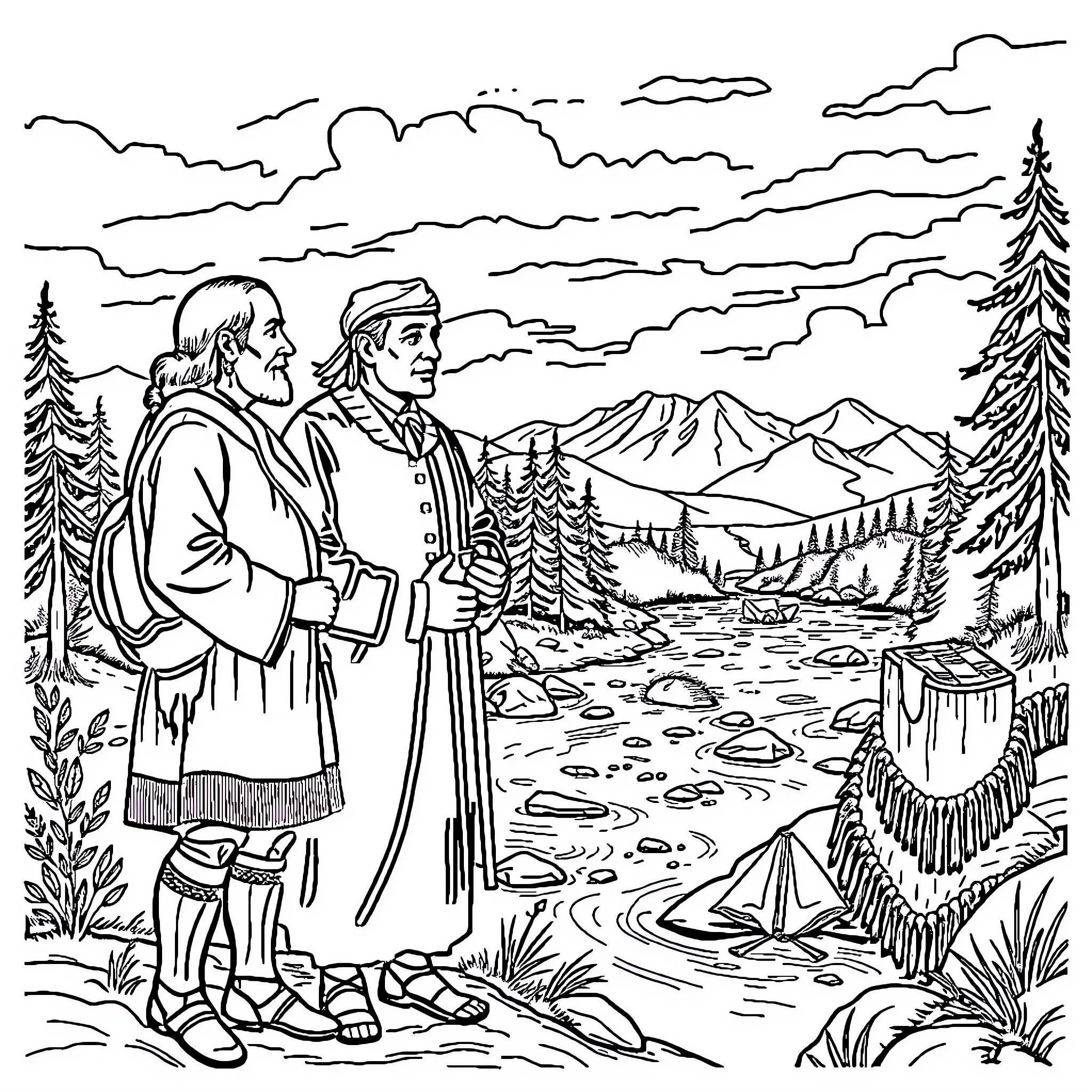 Sacajawea and companion exploring the wilderness Coloring Page (free black-and-white line drawing printable PDF for all, from beginners to advanced learners, including children, teens, adults, and seniors)