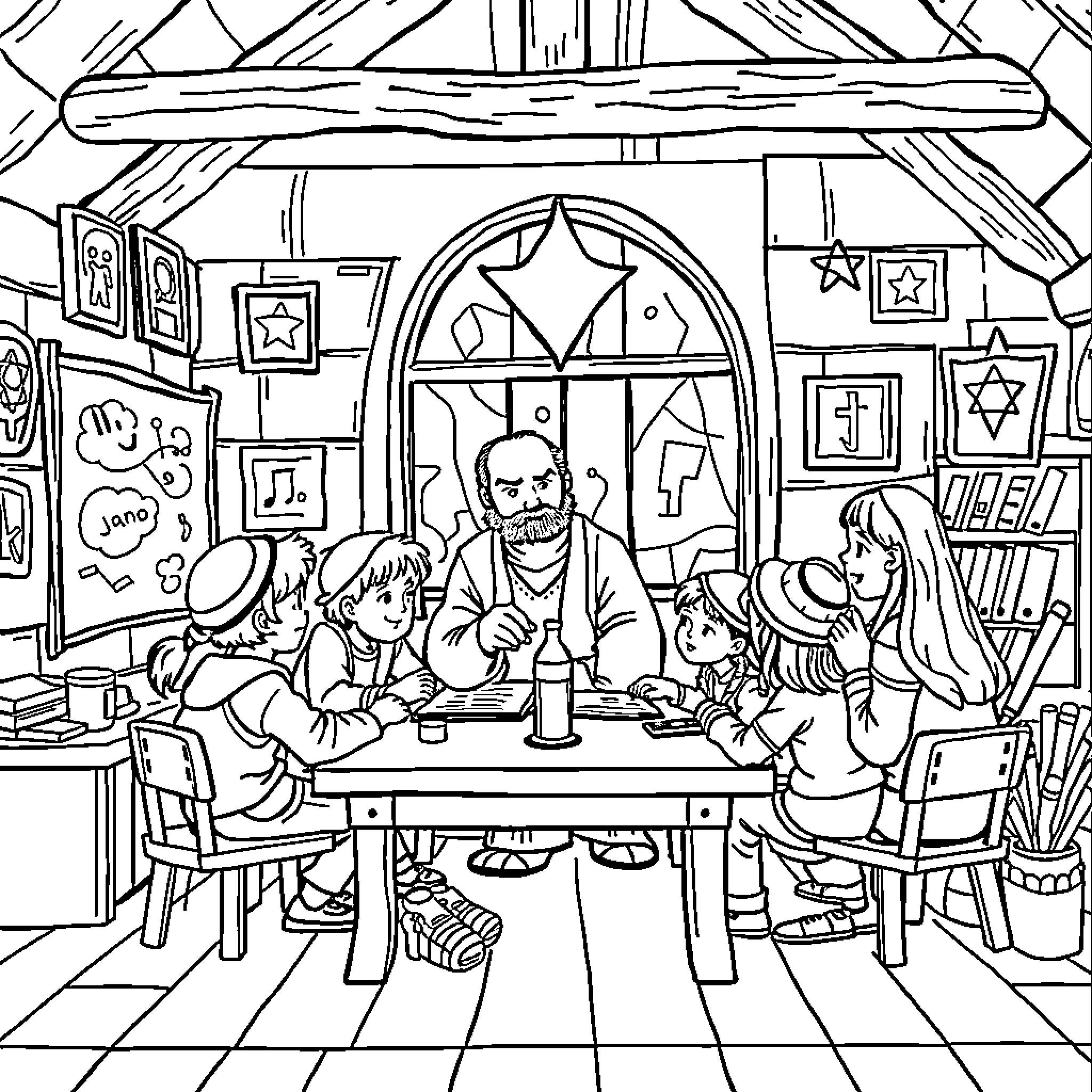 School Family Gathering in Cozy Classroom Coloring Page (free black-and-white line drawing printable PDF for all, from beginners to advanced learners, including children, teens, adults, and seniors)
