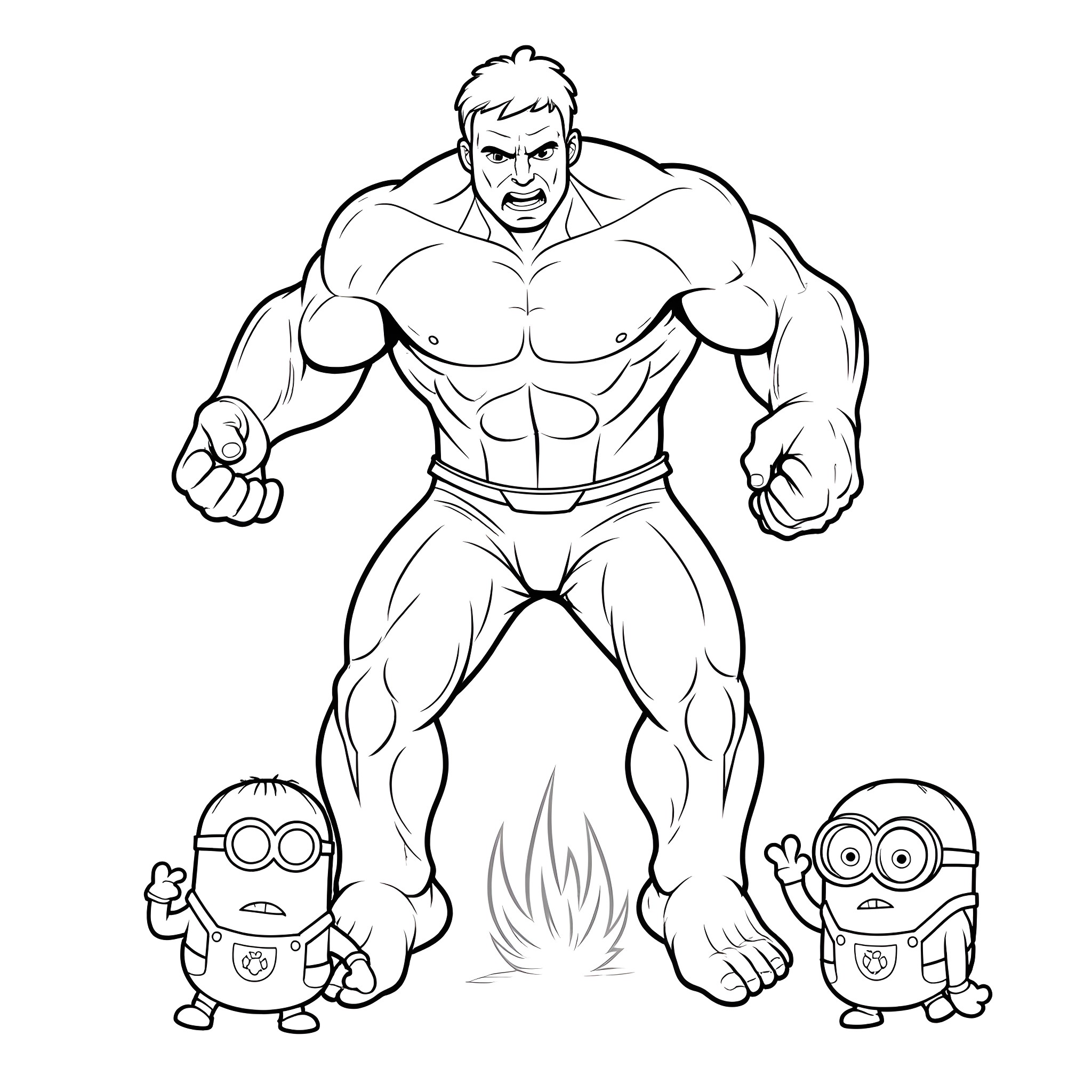 Hulk towering over tiny figures Coloring Page (free black-and-white line drawing printable PDF for all, from beginners to advanced learners, including children, teens, adults, and seniors)