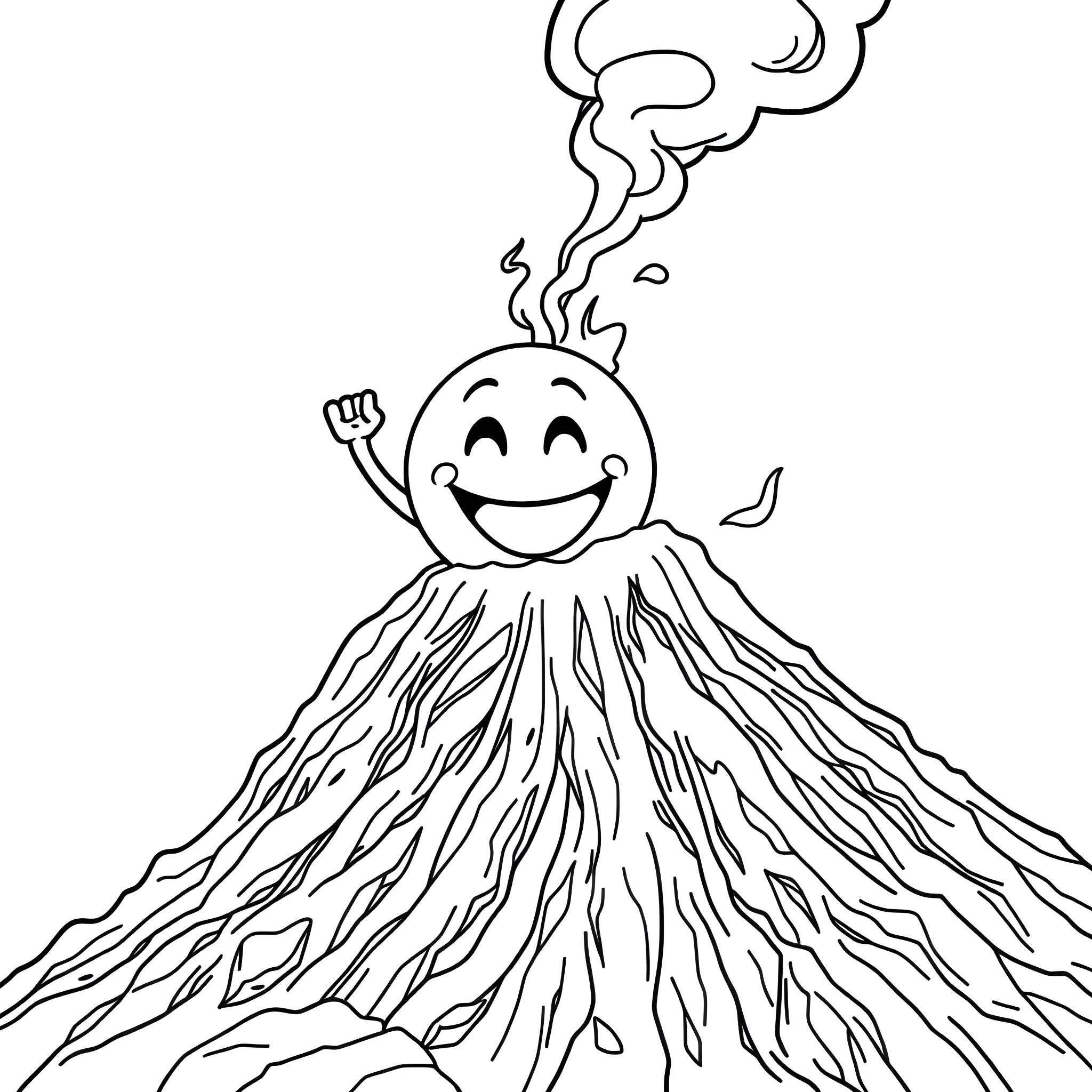 Emoji character erupting from a volcano Coloring Page (free black-and-white line drawing printable PDF for all, from beginners to advanced learners, including children, teens, adults, and seniors)