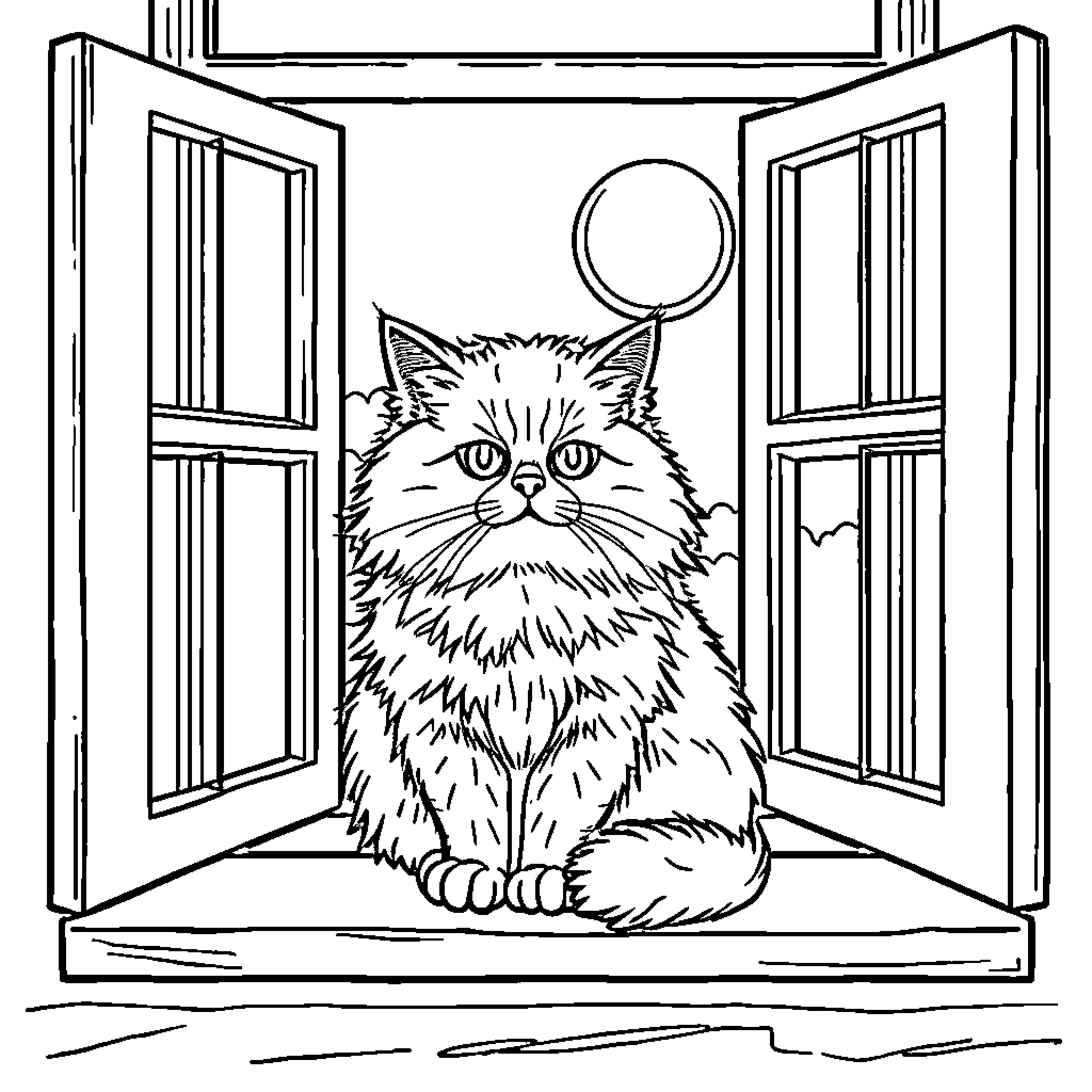 Cat gazing through the open window Coloring Page (free black-and-white line drawing printable PDF for all, from beginners to advanced learners, including children, teens, adults, and seniors)