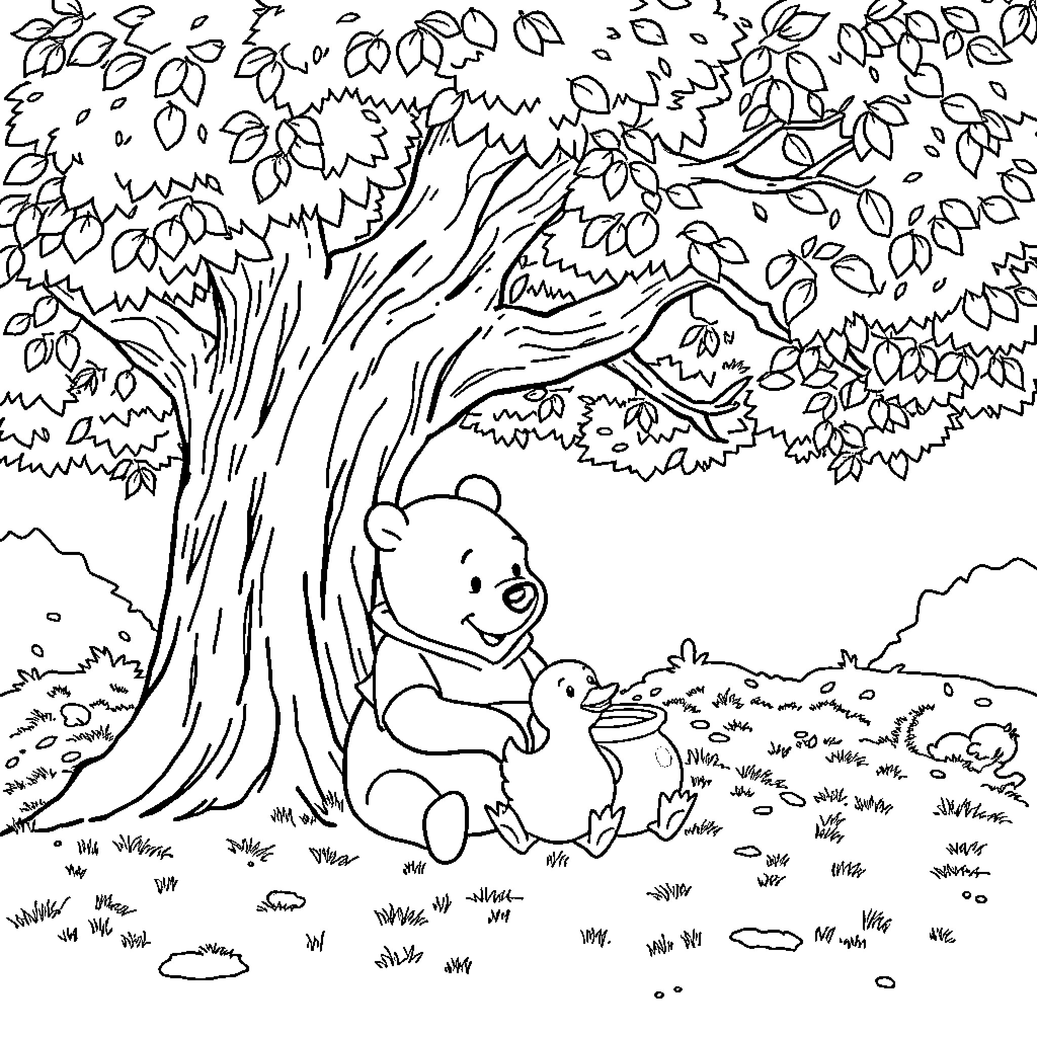 Winnie The Pooh relaxing under a tree with Piglet Coloring Page (free black-and-white line drawing printable PDF for all, from beginners to advanced learners, including children, teens, adults, and seniors)