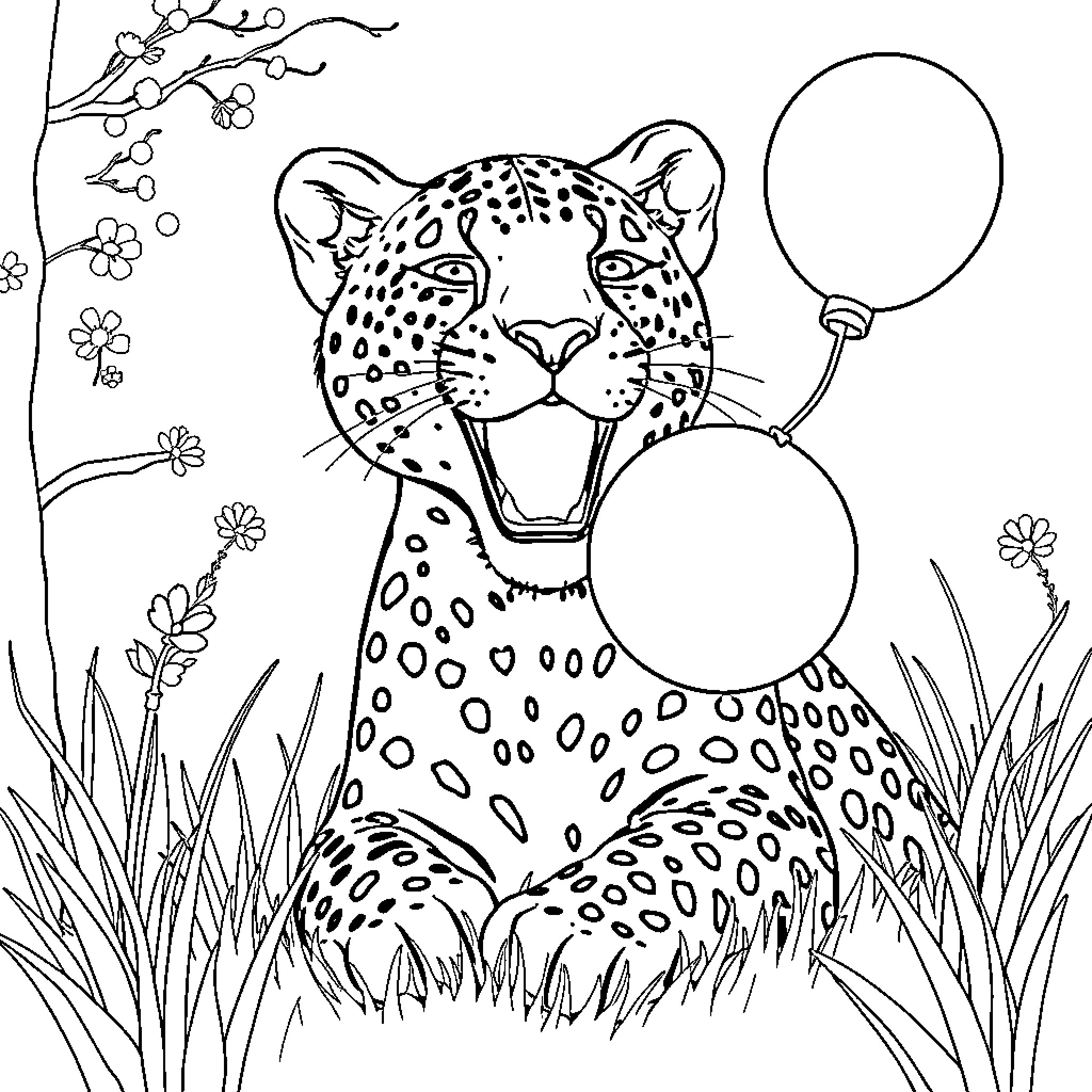 Cheetah playing with balloons in the wild Coloring Page (free black-and-white line drawing printable PDF for all, from beginners to advanced learners, including children, teens, adults, and seniors)