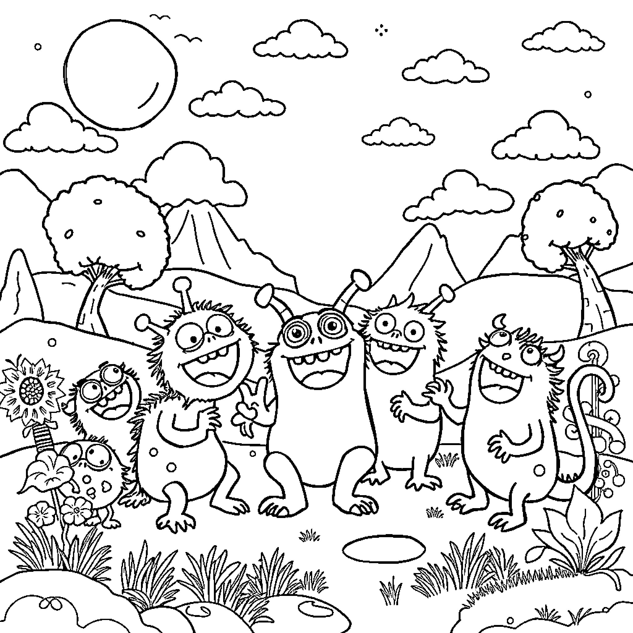 Monster family exploring the wilderness landscape Coloring Page (free black-and-white line drawing printable PDF for all, from beginners to advanced learners, including children, teens, adults, and seniors)