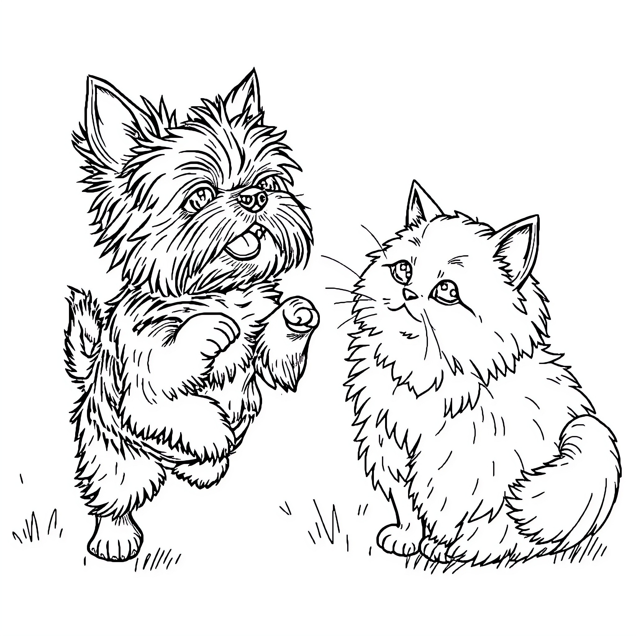 Yorkie pals playing in the yard Coloring Page (free black-and-white line drawing printable PDF for all, from beginners to advanced learners, including children, teens, adults, and seniors)