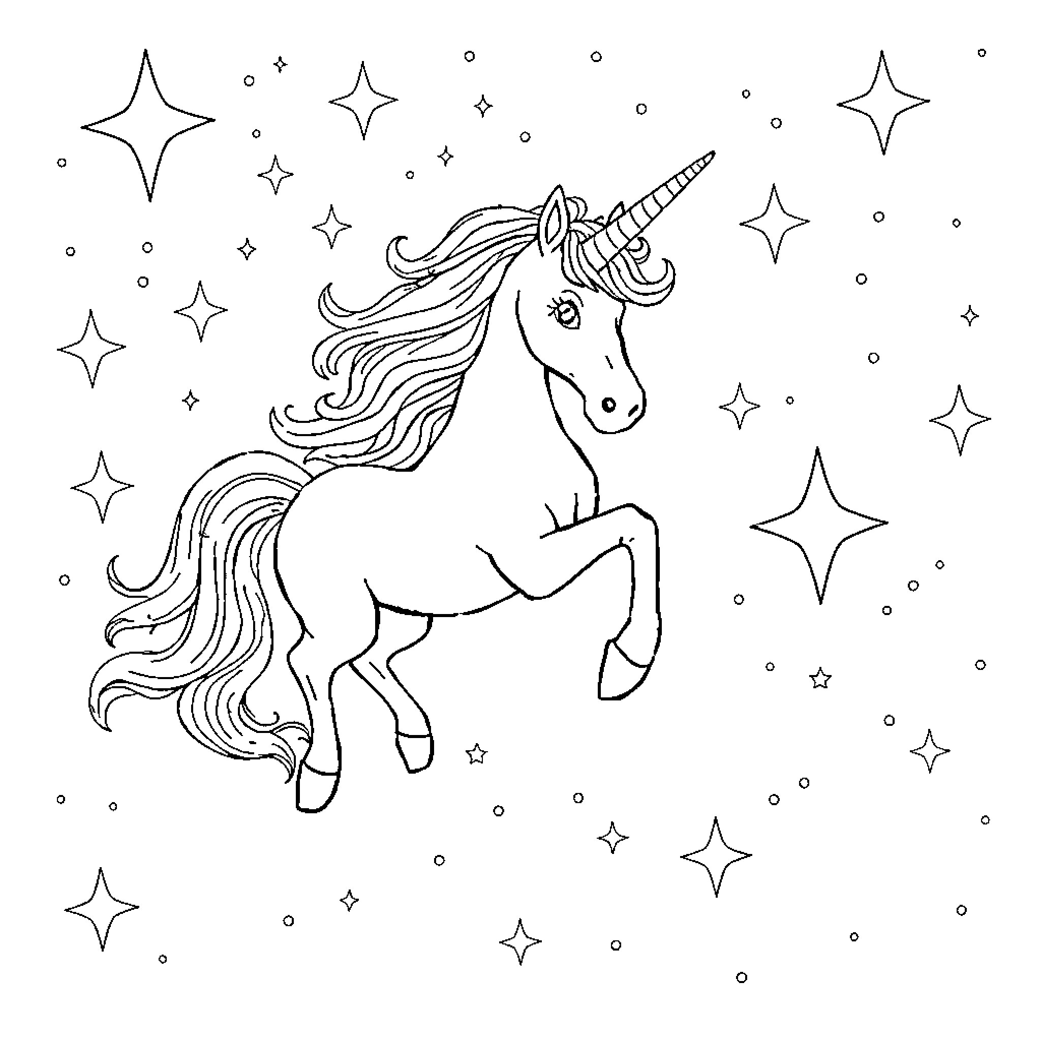 Unicorn prancing amidst twinkling stars Coloring Page (free black-and-white line drawing printable PDF for all, from beginners to advanced learners, including children, teens, adults, and seniors)