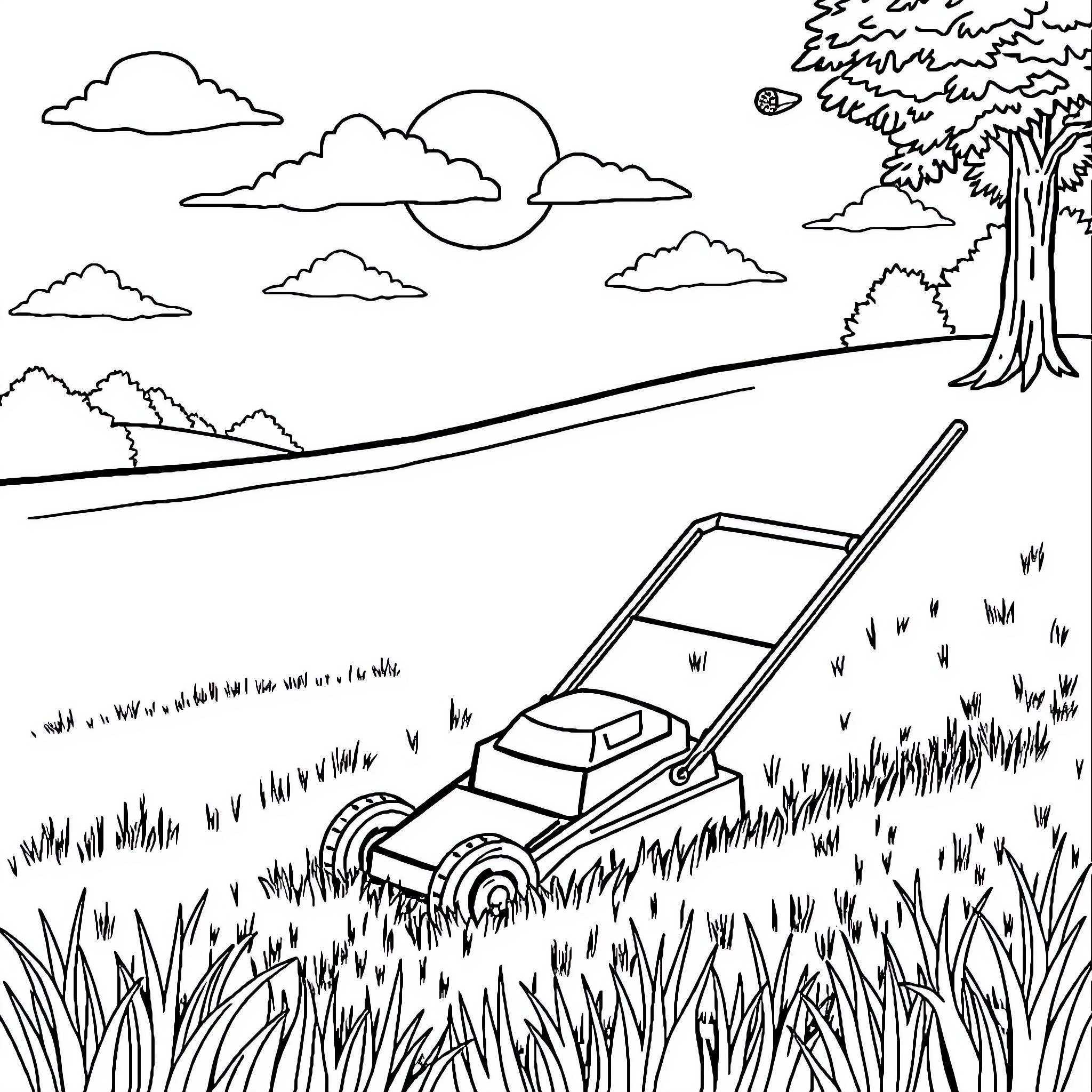 Reel Mower Cutting Grass in Scenic Outdoor Setting Coloring Page (free black-and-white line drawing printable PDF for all, from beginners to advanced learners, including children, teens, adults, and seniors)