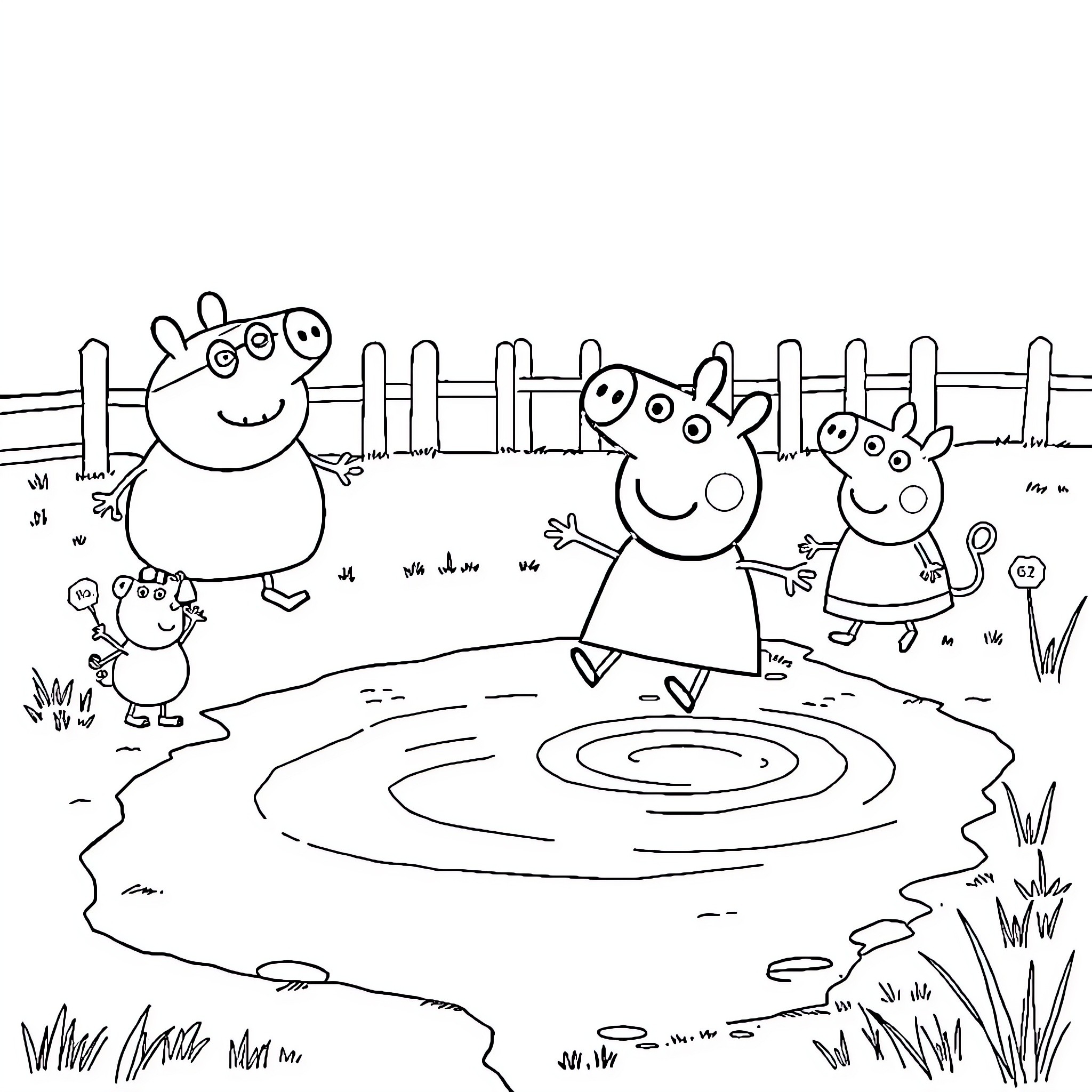 Peppa Pig family enjoying a day outdoors Coloring Page (free black-and-white line drawing printable PDF for all, from beginners to advanced learners, including children, teens, adults, and seniors)