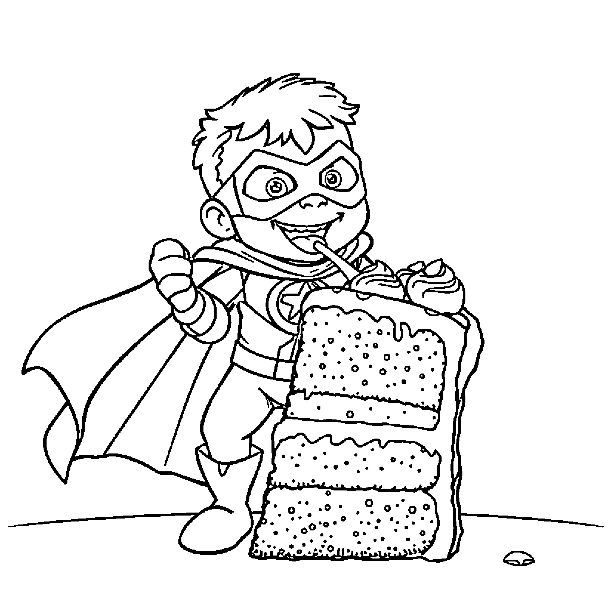 Superhero Enjoying a Delicious Cake Coloring Page (free black-and-white line drawing printable PDF for all, from beginners to advanced learners, including children, teens, adults, and seniors)