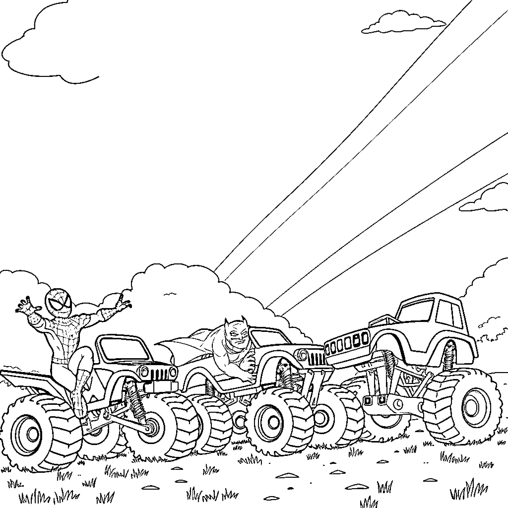Superhero battling giant monster trucks in the wilderness Coloring Page (free black-and-white line drawing printable PDF for all, from beginners to advanced learners, including children, teens, adults, and seniors)
