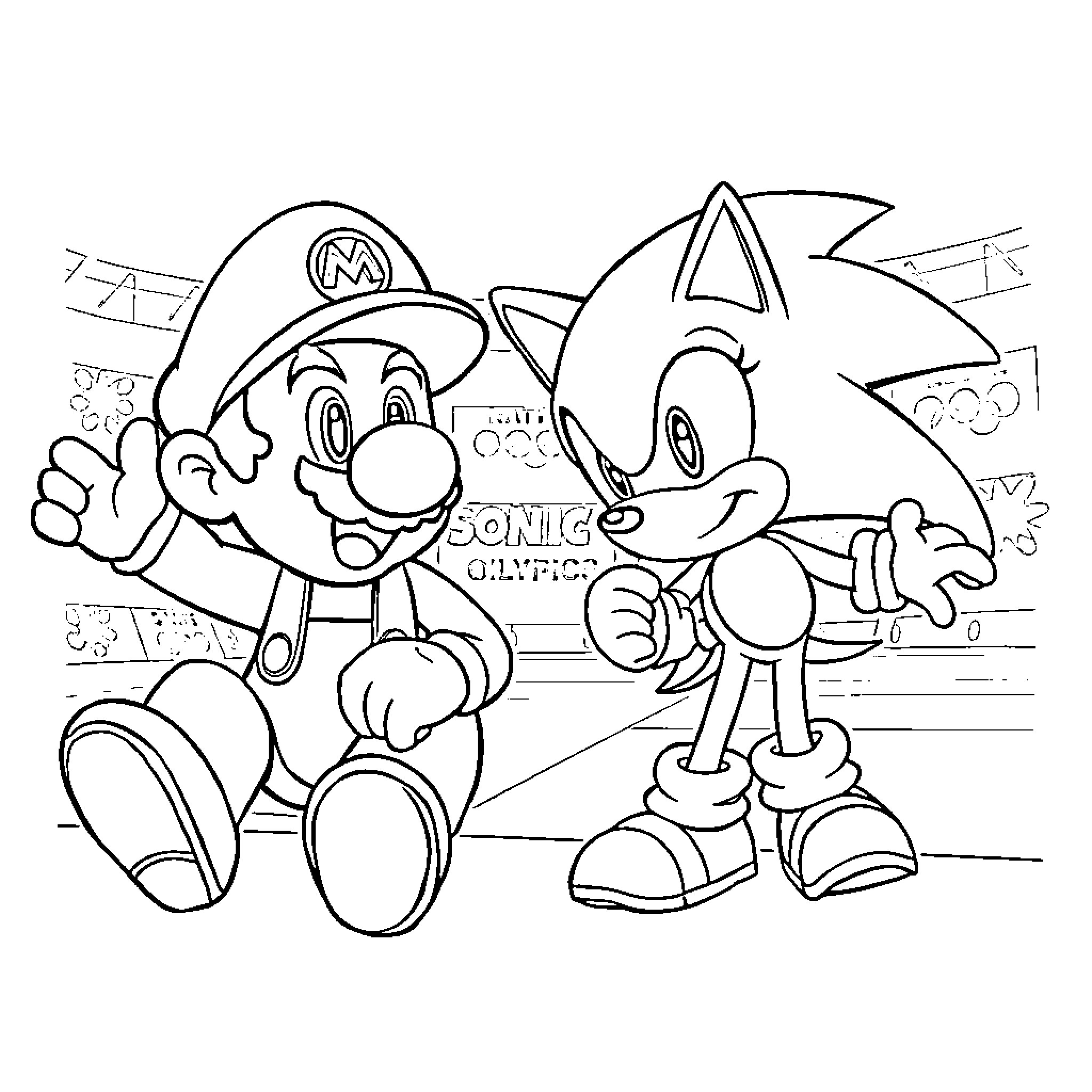 Mario and Sonic in an Animated Adventure Coloring Page (free black-and-white line drawing printable PDF for all, from beginners to advanced learners, including children, teens, adults, and seniors)