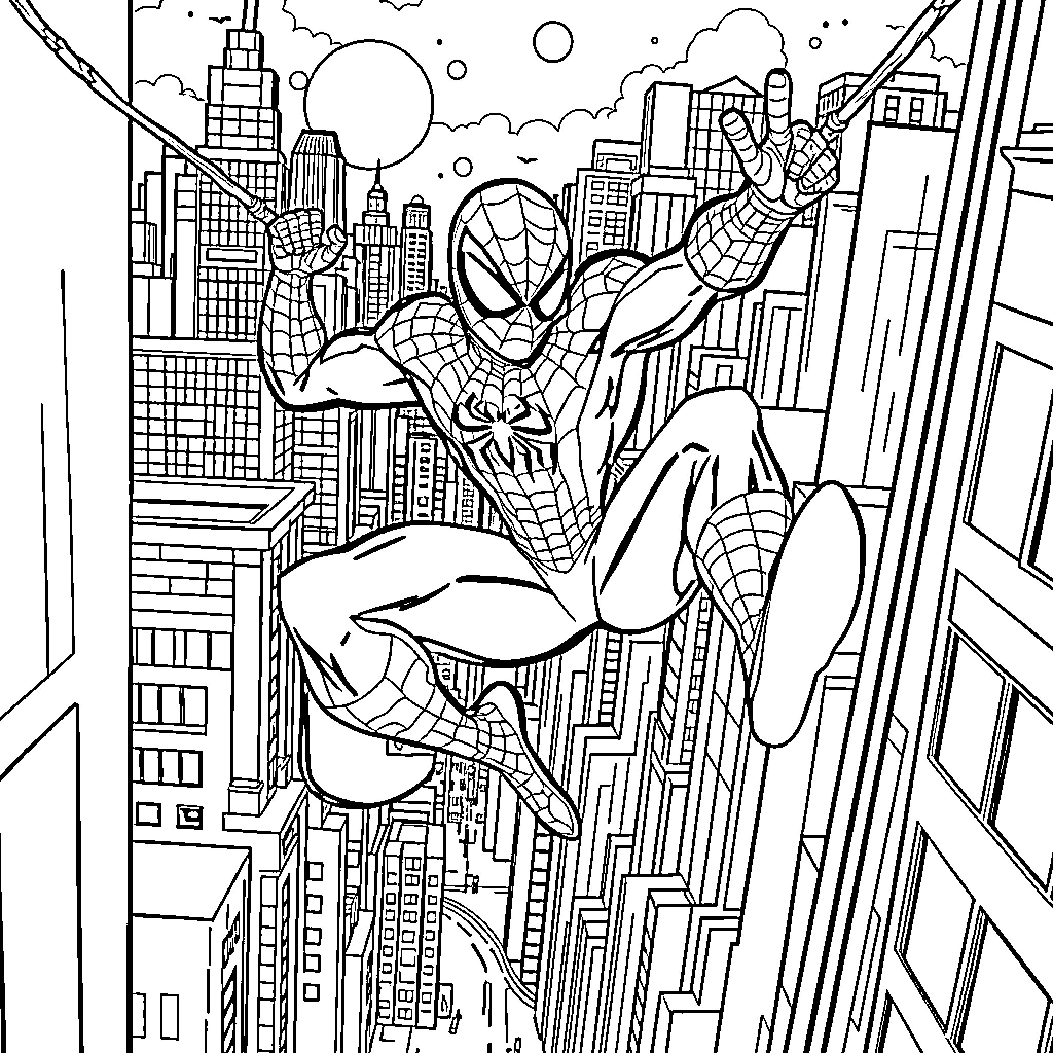 Spider-Man swinging through the city skyline Coloring Page (free black-and-white line drawing printable PDF for all, from beginners to advanced learners, including children, teens, adults, and seniors)