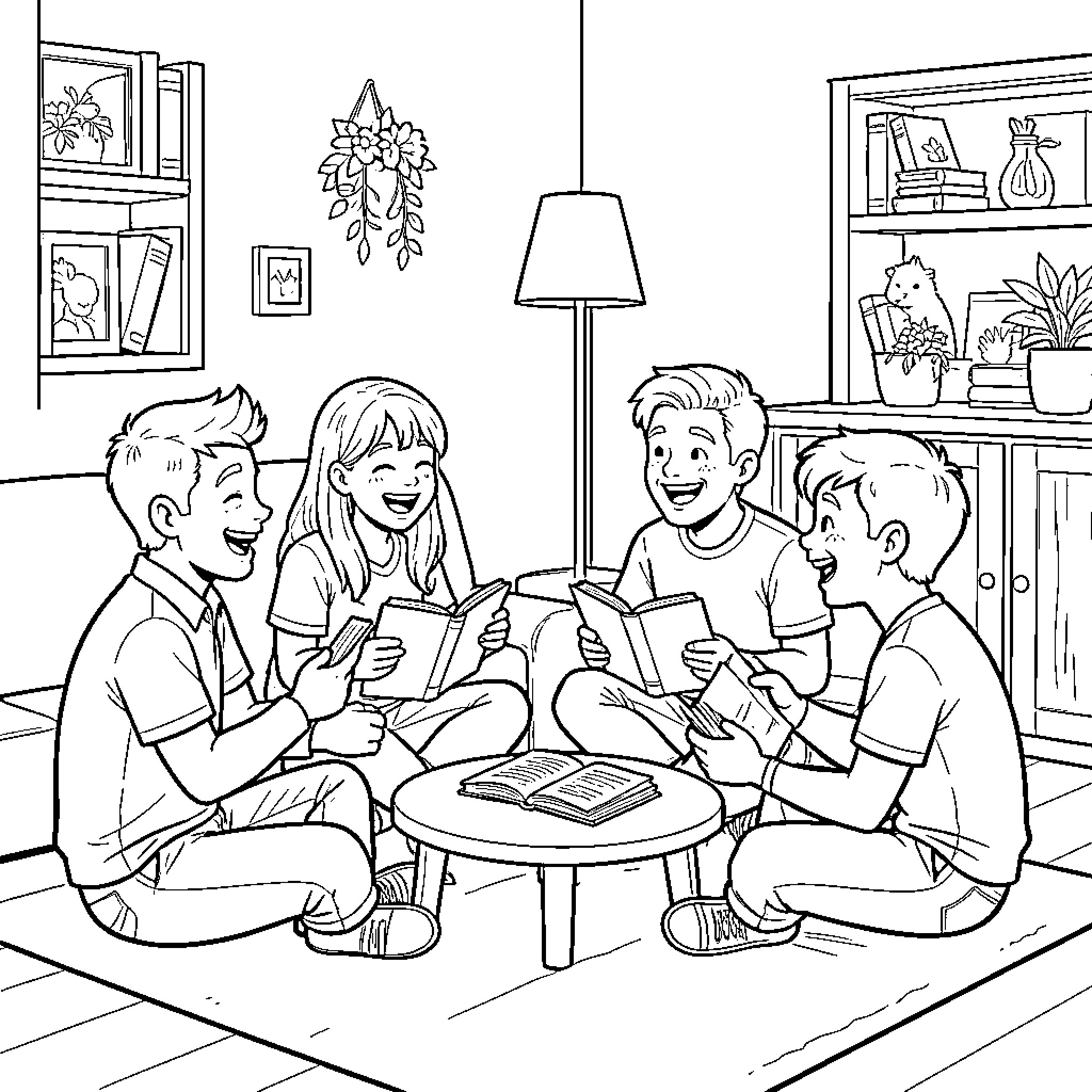 Marco and his friends reading books together happily Coloring Page (free black-and-white line drawing printable PDF for all, from beginners to advanced learners, including children, teens, adults, and seniors)