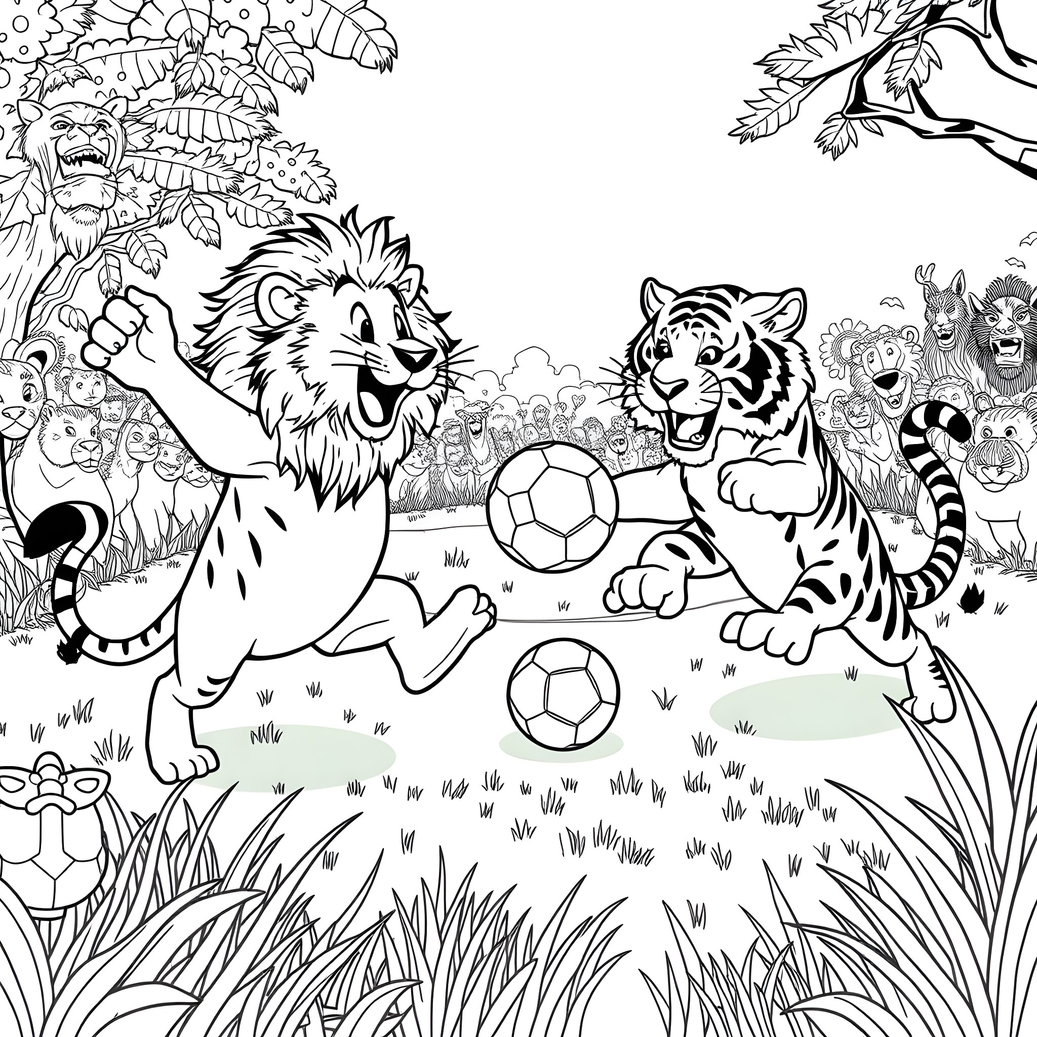 Lion and Tiger Playing with Soccer Balls in the Jungle Coloring Page (free black-and-white line drawing printable PDF for all, from beginners to advanced learners, including children, teens, adults, and seniors)