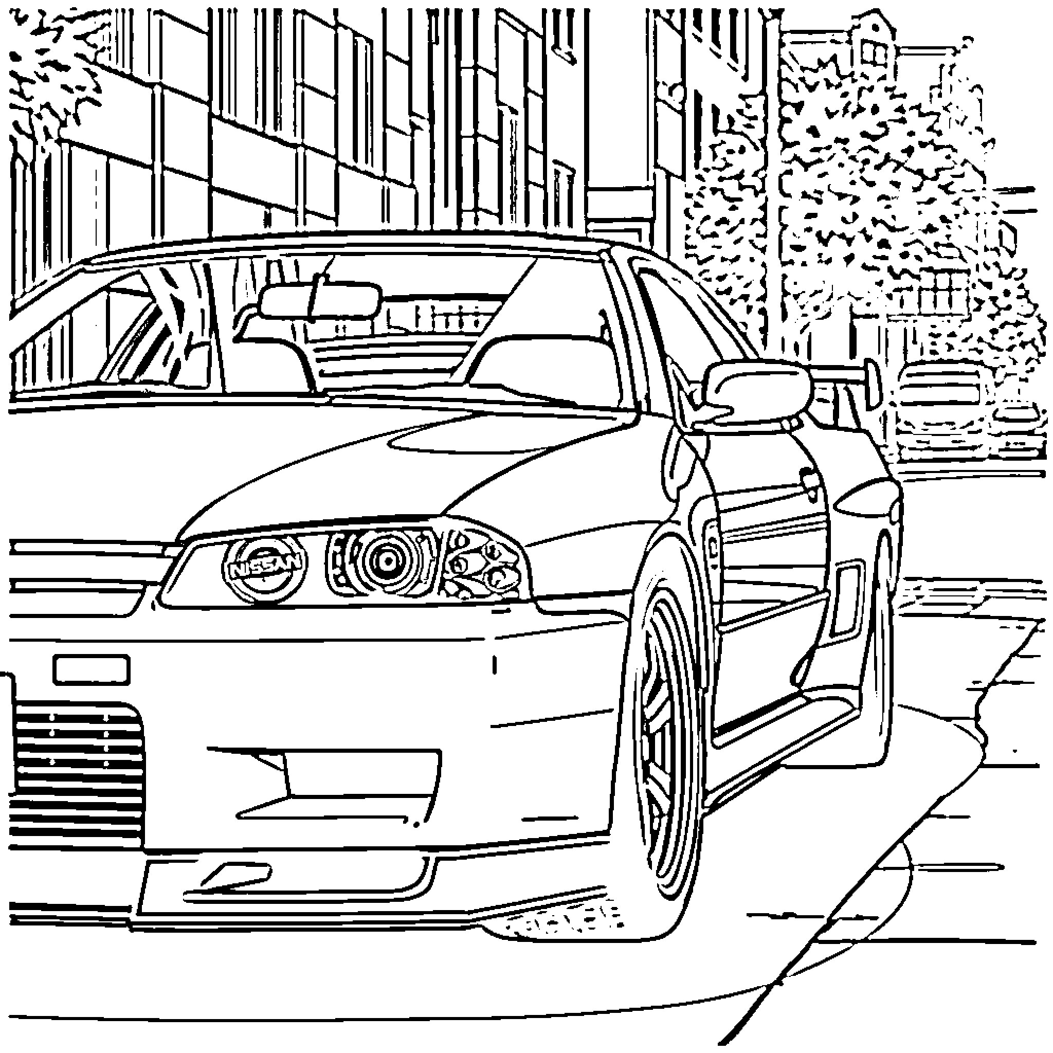 Nissan Skyline cruising through the city Coloring Page (free black-and-white line drawing printable PDF for all, from beginners to advanced learners, including children, teens, adults, and seniors)