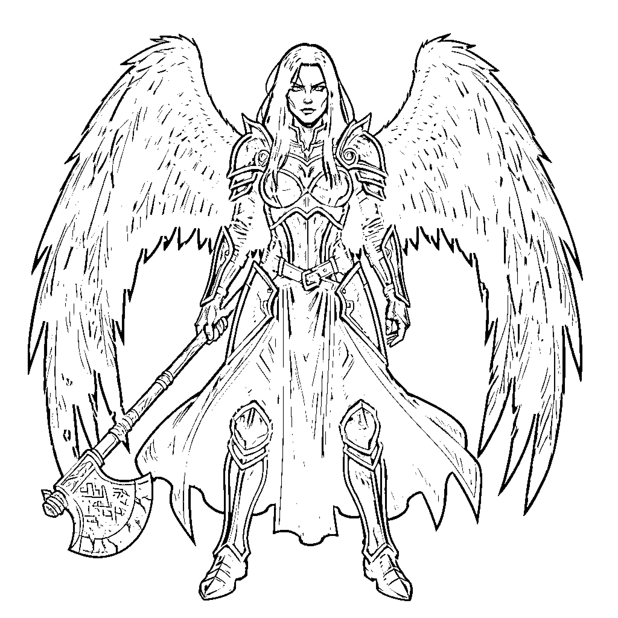 Warrior Archangel with Majestic Wings and Armor Coloring Page (free black-and-white line drawing printable PDF for all, from beginners to advanced learners, including children, teens, adults, and seniors)